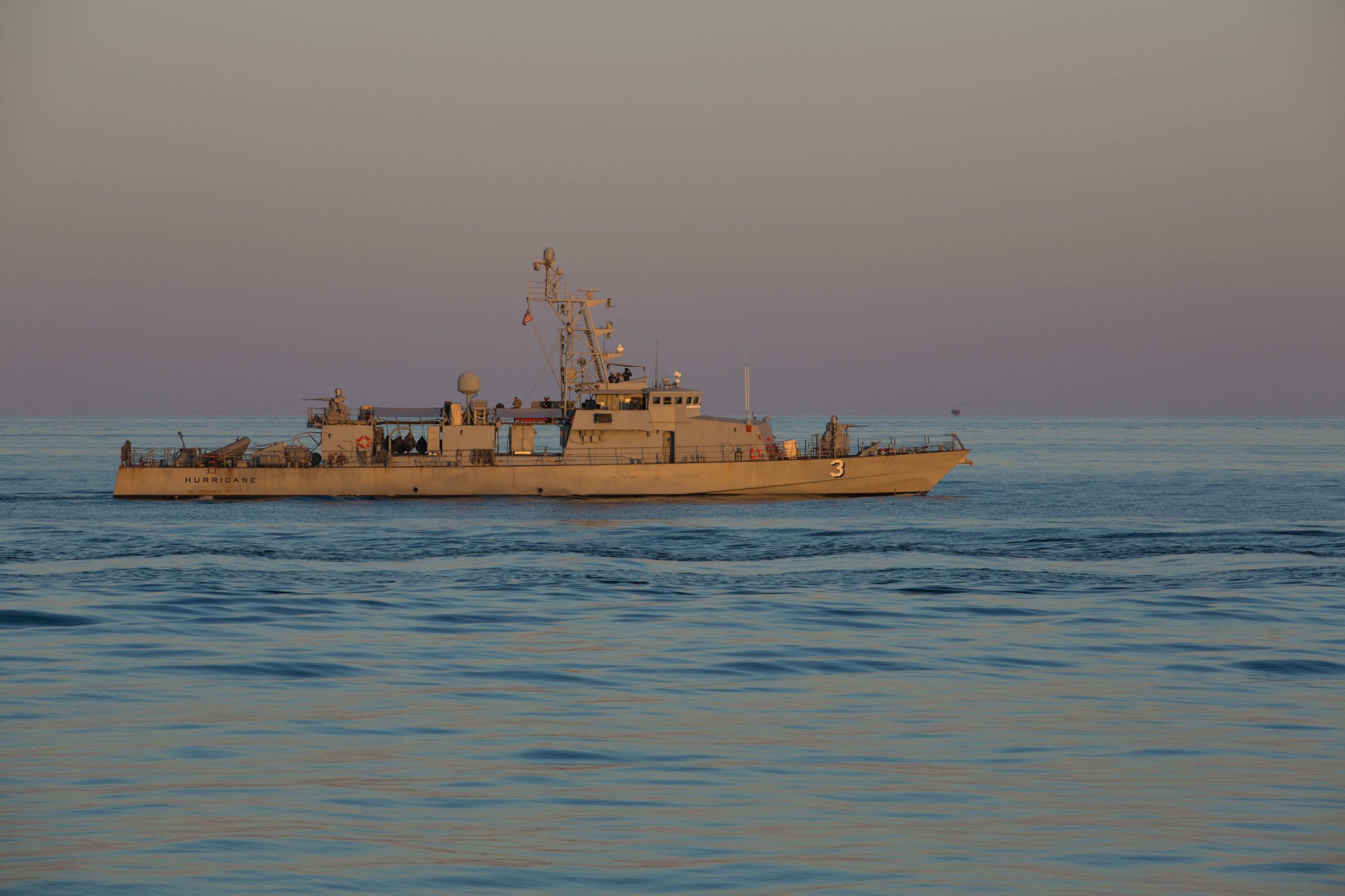 STRAIT OF HORMUZ (Feb. 8, 2019) The Cyclone-class coastal patrol ship USS Hurricane (PC 3) navigates through the Strait of Hormuz. Hurricane is forward deployed to the U.S. 5th Fleet area of operations in support of naval operations to ensure maritime stability and security in the Central region, connecting the Mediterranean and the Pacific through the western Indian Ocean and three strategic choke points. (U.S. Army photo by Spc. Dakota Young/Released)