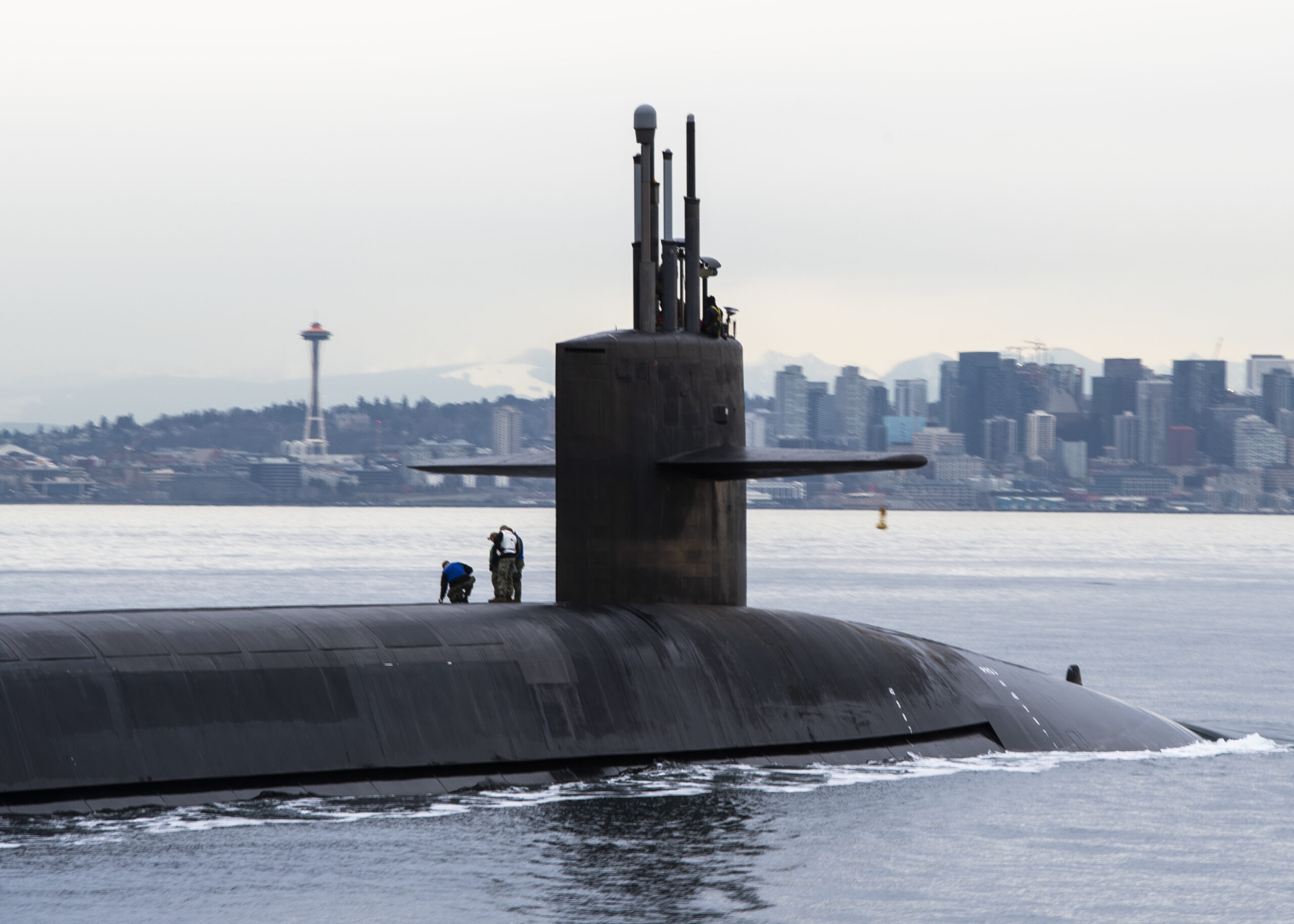 The Ohio-class ballistic missile submarine USS Louisiana (SSBN 743) transits Puget Sound following a 41-month engineered refueling overhaul at Puget Sound Naval Shipyard and Intermediate Maintenance Facility, Feb. 9, 2023. Louisiana is one of eight ballistic-missile submarines stationed at Naval Base Kitsap-Bangor, providing the most survivable leg of the strategic deterrence triad for the United States. (U.S. Navy photo by Mass Communication Specialist 1st Class Brian G. Reynolds)