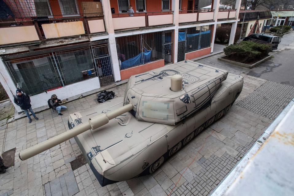 An inflatable decoy of an M1 Abrams tank is displayed during a media presentation in Decin, Czech Republic