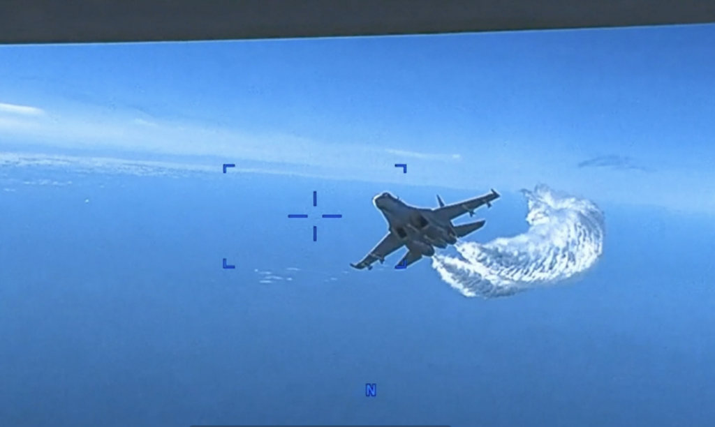 Screenshot of video the US released it said shows an "unsafe" and "unprofessional" intercept by Russian military jets of an US MQ-9 Reaper.