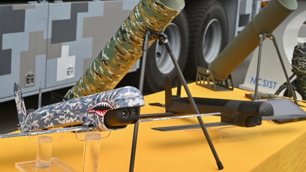 Taiwan's locally made loitering munition drone is seen on display at the National Chung-Shan Institute of Science and Technology