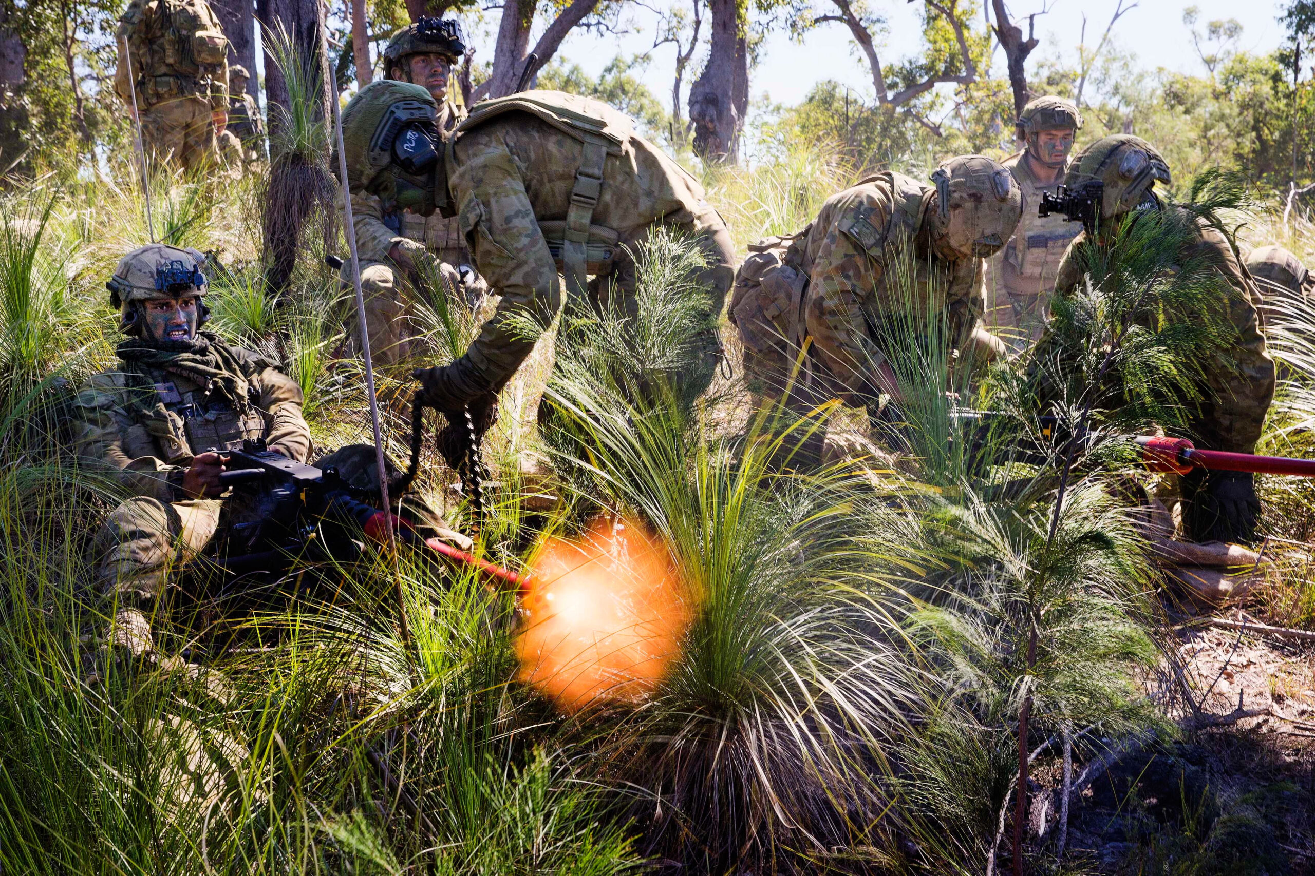 Members of the 2nd Battalion, Royal Australian Regiment, Manoeuvre Support Platoon, provide direct fire support with .50 Cal machineguns during the final Battlegroup Samichon assault at the Shoalwater Bay Training Area during Exercise Talisman Saber on 20 July. *** Local Caption *** The Talisman Saber series of exercises is the principal Australian and United States Military Training activity focused on the planning and conduct of mid-intensity high end war fighting. Exercise Talisman Saber is the largest combined, joint military exercise undertaken by the Australian Defence Force (ADF) and provides invaluable experience to ADF personnel to improve combat training, readiness and interoperability, exposing participants to a wide spectrum of military capabilities and training experiences. The biennial exercise was conducted for the seventh time in 2017, involving more than 30,000 US and Australian participants, operating in the maritime, land and air environments.