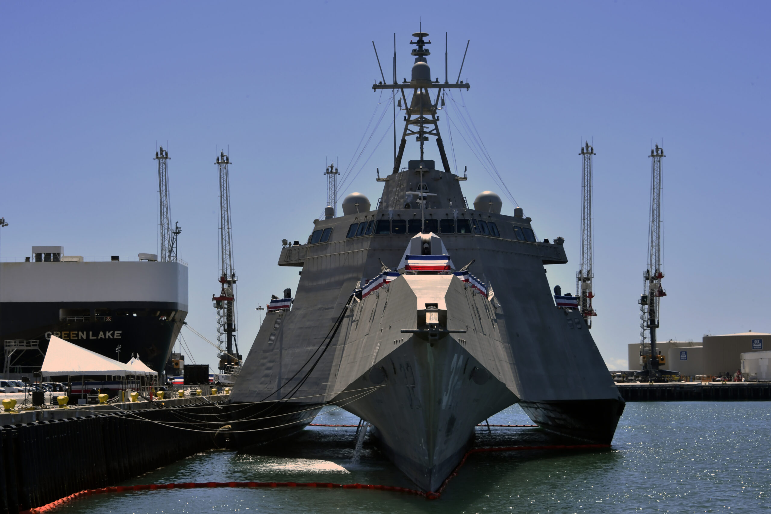230331-N-AS200-0021 PORT HUENEME, Calif. (Mar. 31, 2023) The Independence-class variant littoral combat ship USS Santa Barbara (LCS32), is in port onboard Naval Base Ventura County (NBVC) for her Commissioning Ceremony, Mar. 31. NBVC is a strategically located Naval installation composed of three operating facilities: Point Mugu, Port Hueneme and San Nicolas Island. NBVC is the home of the Pacific Seabees, West Coast E-2D Hawkeyes, 3 warfare centers and 80 tenants. (U.S. Navy photo by Ensign Drew Verbis/Released)