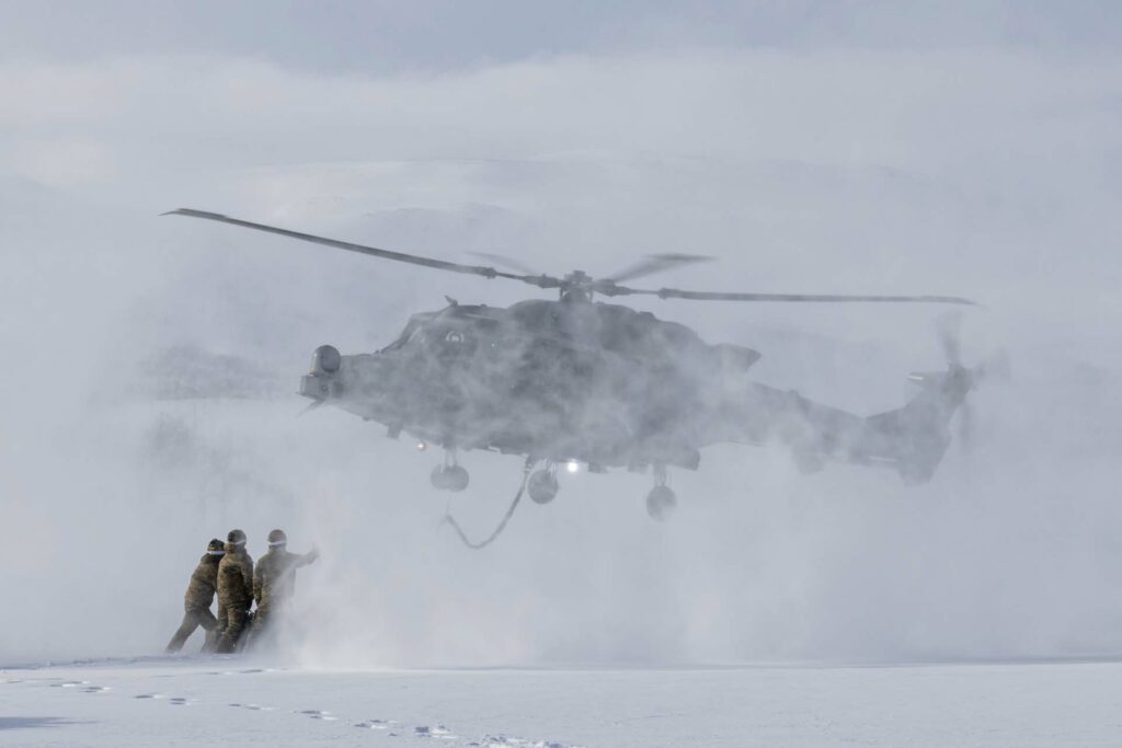 Commando Helicopter Force training with Wildcat helicopter at the Arctic Circle during Exercise Clockwork