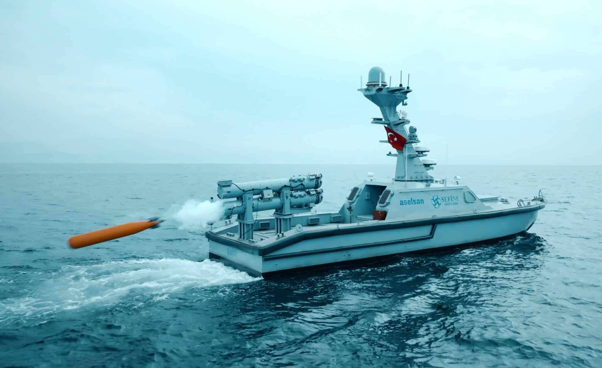 Turkey's MIR unmanned surface vessel firing a torpedo for the first time