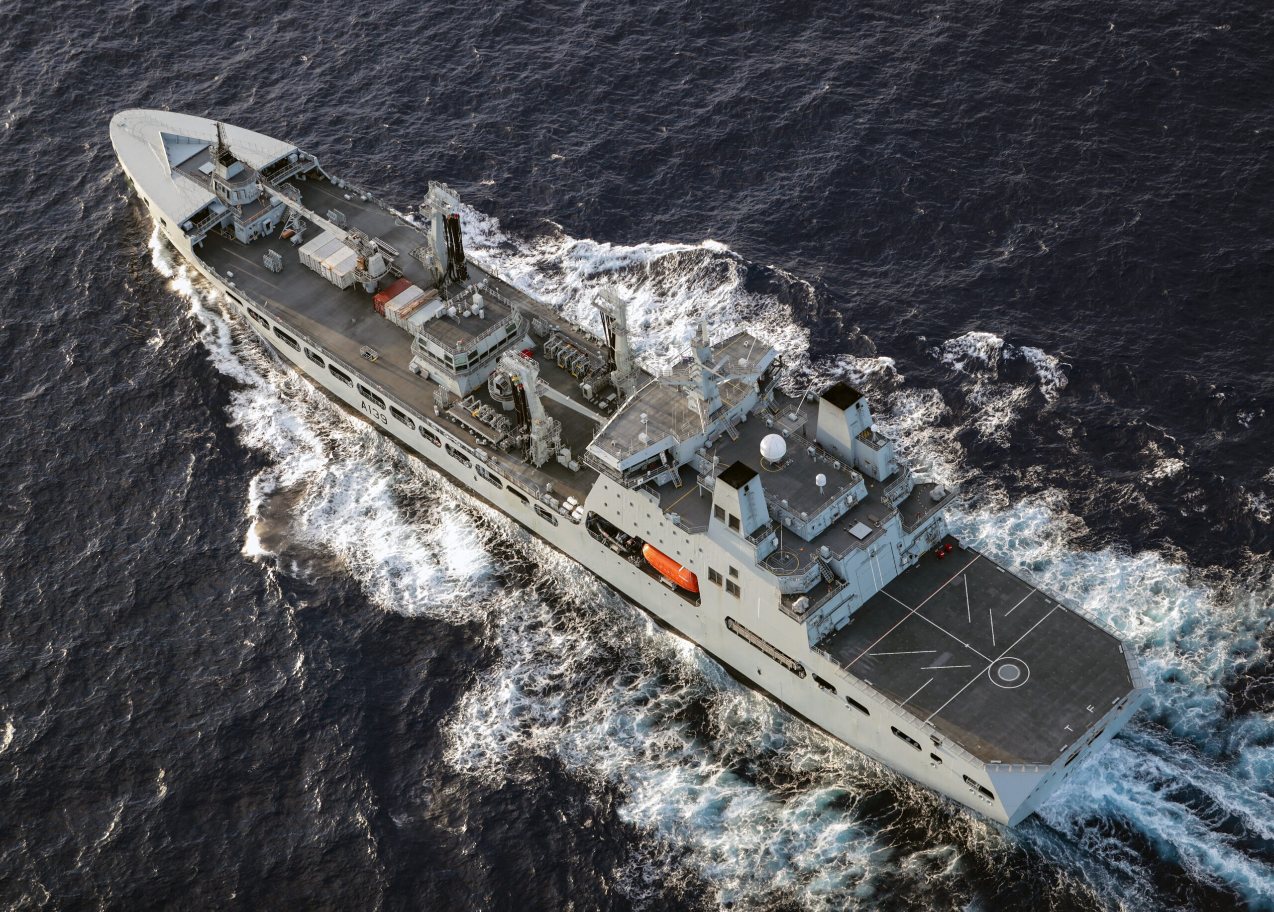 Ariel view of RFA Tideforce captured whilst deployed on Exercise WESTLANT 19 in the Atlantic Ocean.The Royal Fleet Auxiliary (RFA) provides logistical support to the Royal Navy, all over the world. RFA Tideforce is the Fourth of Class of the Military Afloat Reach & Sustainability (MARS) Tankers. At 39,000 tonne, the Tide class tankers are the largest ships currently in service within the Royal Fleet Auxiliary.