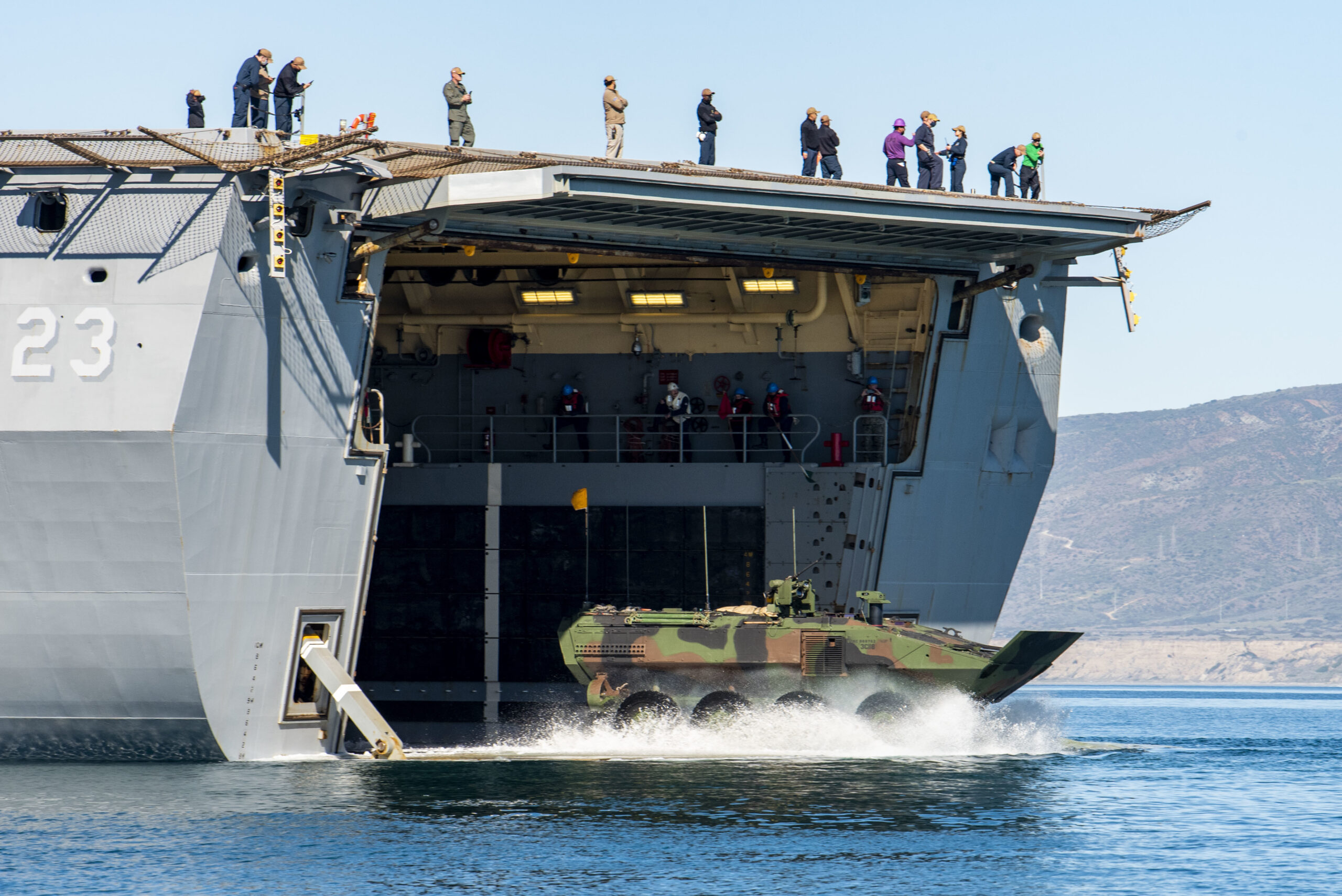 An Amphibious Combat Vehicle (ACV) with the 3rd Assault Amphibian Battalion, 1st Marine Division disembarks the well deck of amphibious transport dock ship USS Anchorage (LPD 23) during waterborne training in the Pacific Ocean, Feb. 12. The two-day waterborne training evolution focused on safety and transport capabilities for both the Marine Corps and Navy and is a part of a larger training plan to refine tactics and doctrine for amphibious operations.