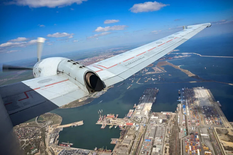 The Black Sea harbour of Constanta is seen from one of the windows of the ATL2 Atlantique 2 airplane over the Black Sea during the Sea Shield 2023 military exercise, Romania, on March 30, 2023