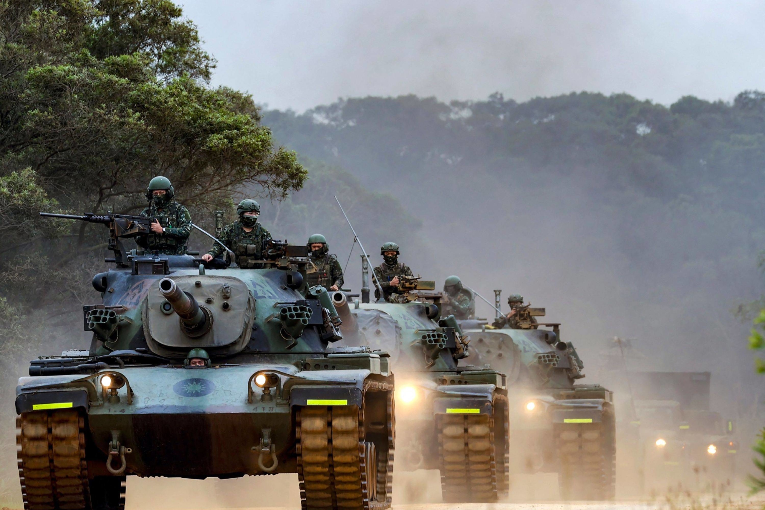 Taiwanese soldiers operating tanks during a drill in an undisclosed location in Taiwan