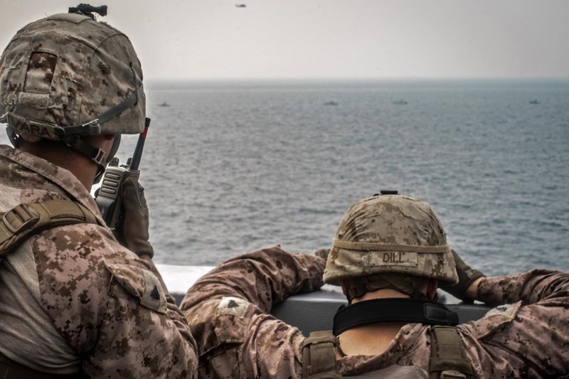 US sailors on an amphibious transport dock ship in the Strait of Hormuz