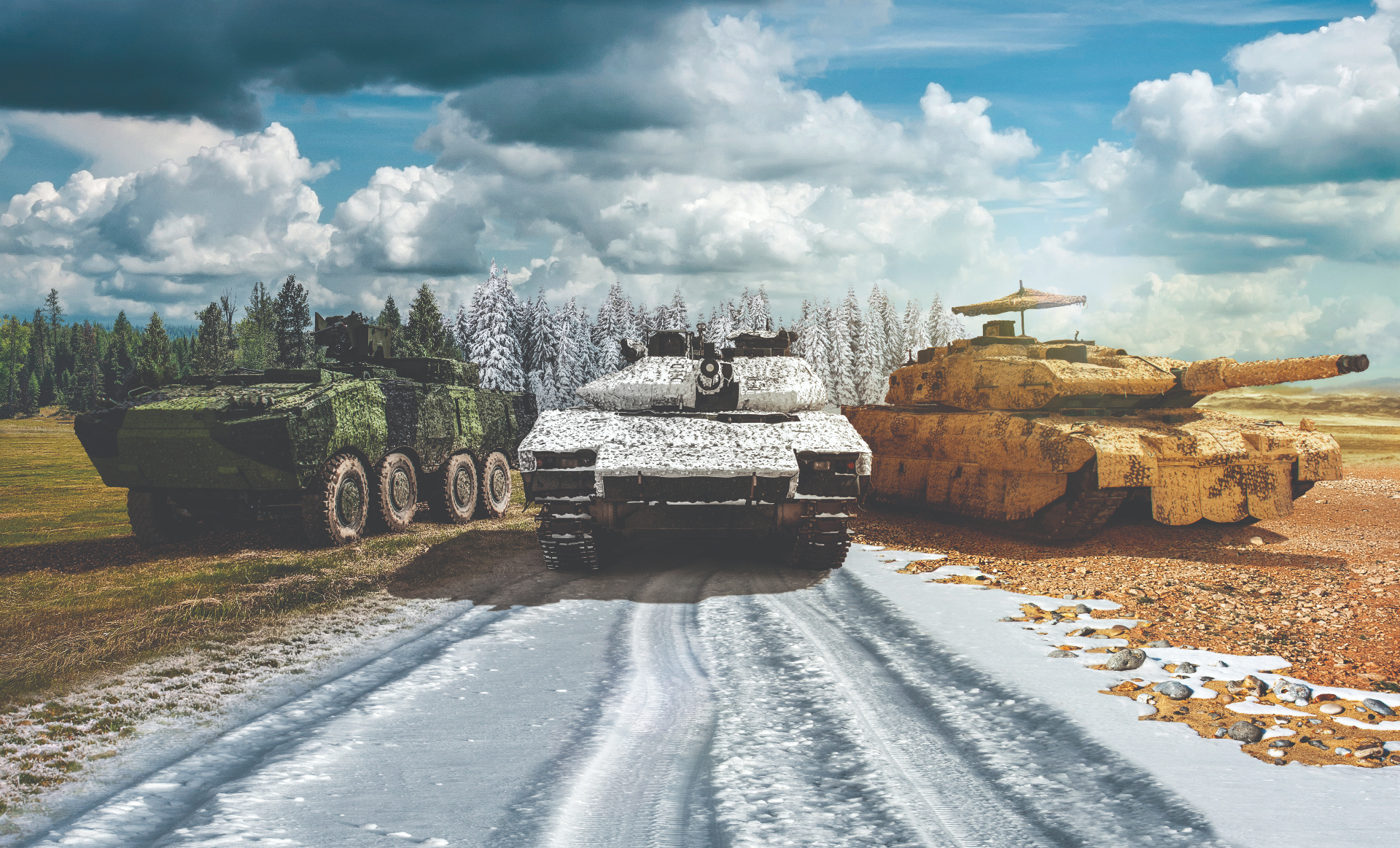 Military vehicles equipped with Barracuda Mobile Camouflage Systems