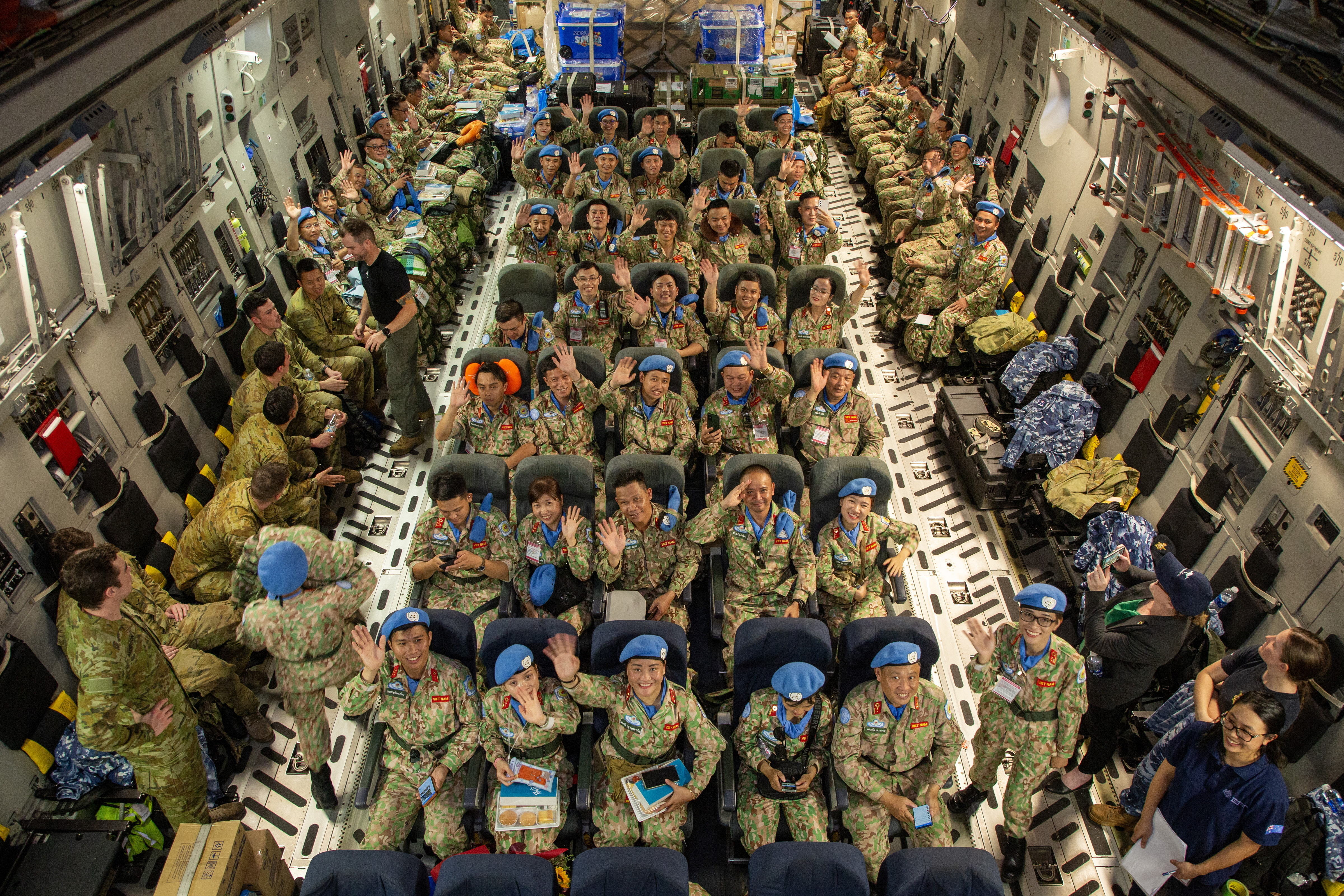 A Royal Australian Air Force C-17A Globemaster has transported over 60 Vietnamese military personnel deploying to the United Nations Mission (UNMISS) in South Sudan in June 2023. The flight provided a strategic airlift to Vietnamese soldiers and equipment from Ho Chi Minh city to Juba, enabling Vietnam to rotate their staff at the role 2 field hospital.