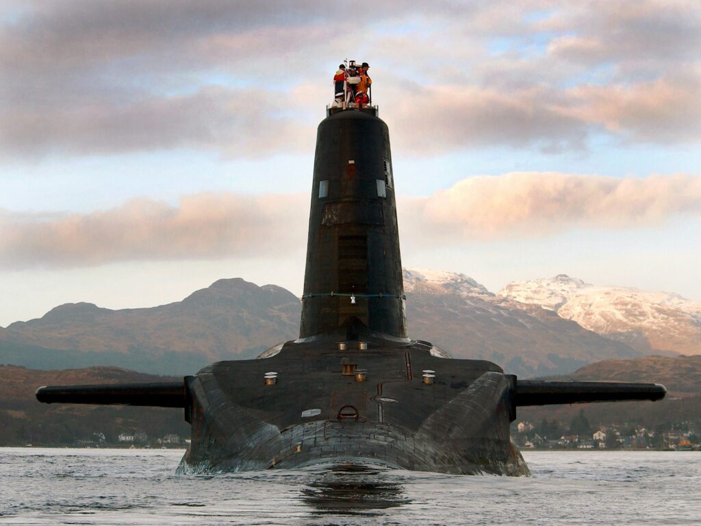 HMS Victorious, one of the Royal Navy's four strategic missile submarines. Departs HM Naval Base Clyde, Faslane, for a major refit at Devonport.