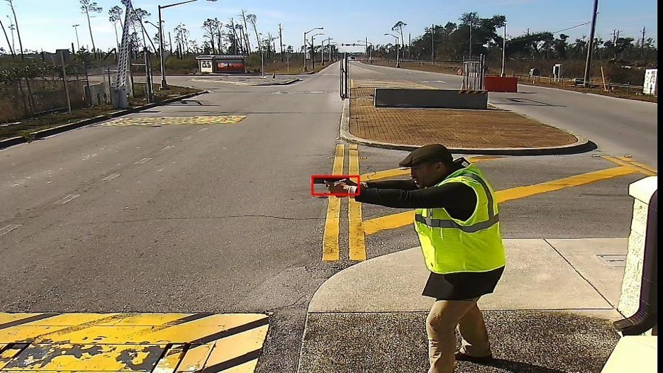 A computer image demonstrates the capabilities of Zero Eyes, a new artificial intelligence software designed to detect and alert the presence of firearms, at Tyndall Air Force Base, Florida, Jan. 28, 2022. Tyndall implemented the software in early 2022 and it currently remains in the testing and evaluating stage. (Courtesy photo)
