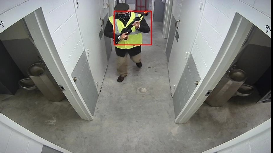 A computer image demonstrates the capabilities of Zero Eyes, a new artificial intelligence software designed to detect and alert the presence of firearms, at Tyndall Air Force Base, Florida, Jan. 28, 2022. Tyndall implemented the software in early 2022 and it currently remains in the testing and evaluating stage. (Courtesy photo)