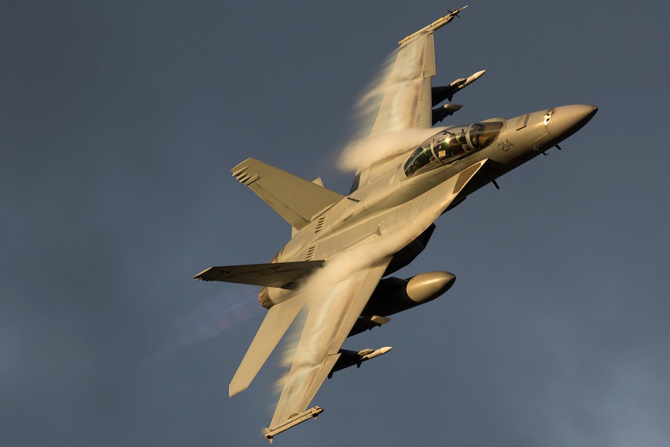 Royal Australian Air Force F/A-18F Super Hornet provides a flying display showcasing its capabilities during Canberra's Skyfire