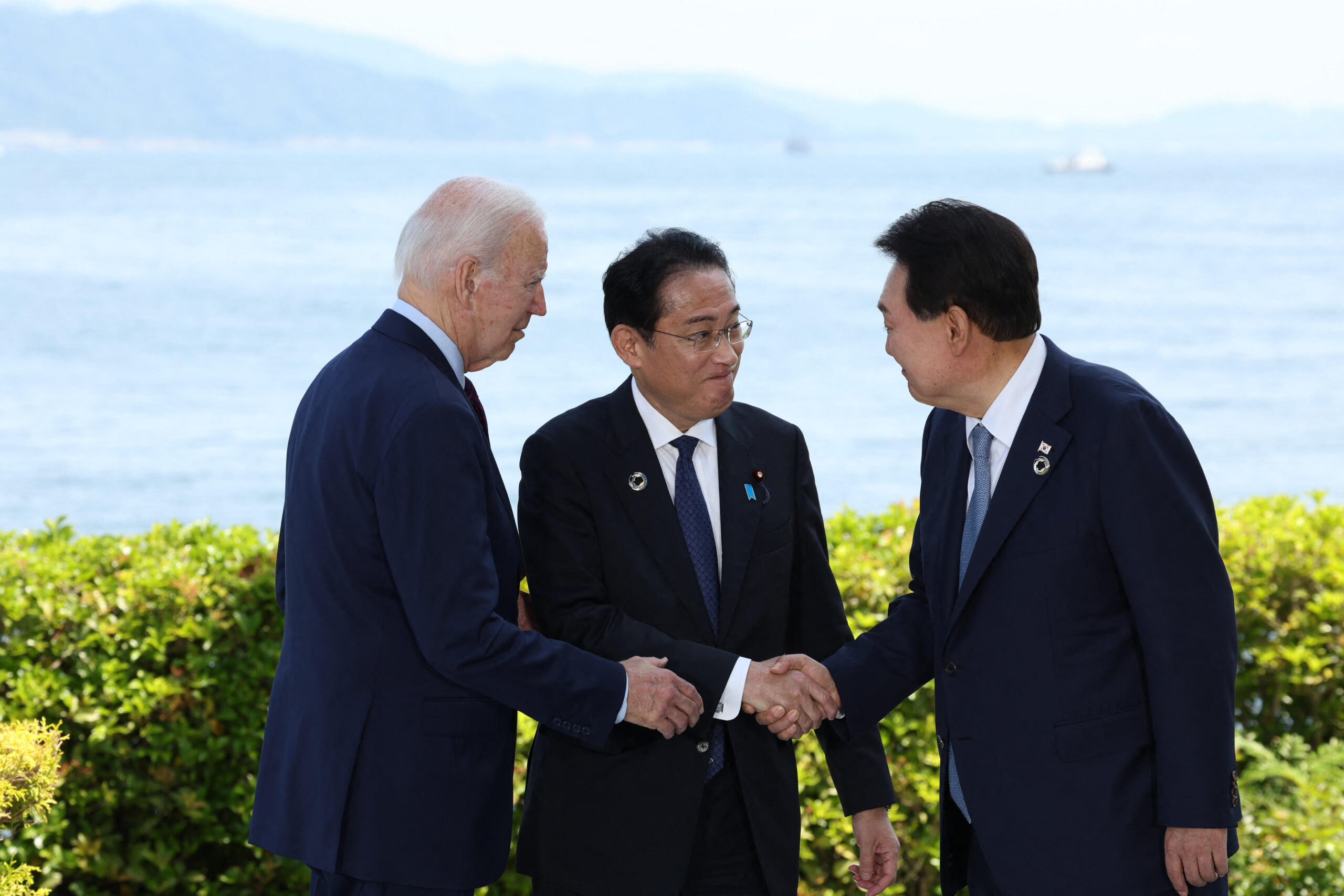 US President Joe Biden, Japanese Prime Minister Fumiko Kishida, and South Korean President Yoon Suk Yeol hold a trilateral meeting on the sidelines of the 2023 G7 Summit in Hiroshima