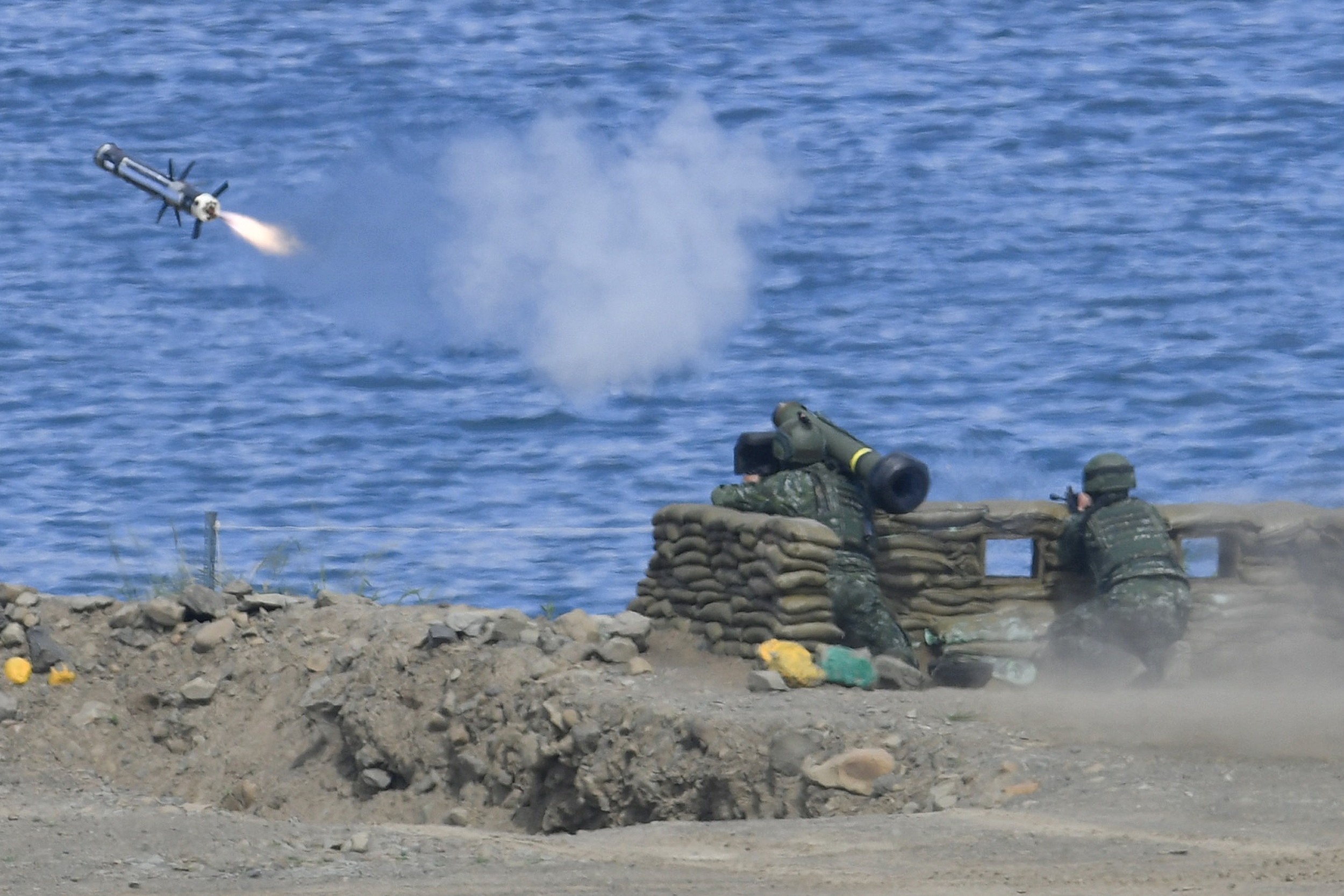 A soldier launches a Javelin missile during a military drill in southern Taiwan's Pingtung county
