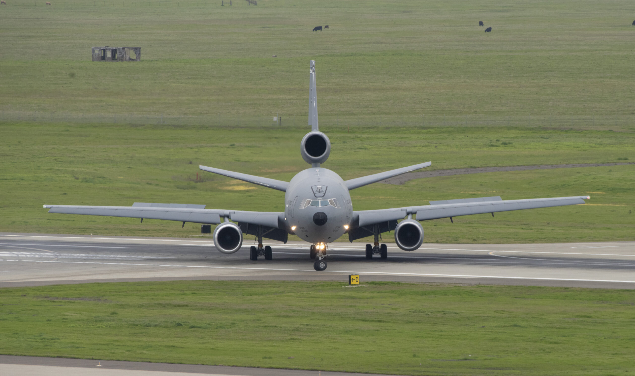 A U.S. Air Force KC-10 Extender conducts normal flight operations, March 25, 2019 at Travis Air Force Base, California. Although the KC-l0’s primary mission is aerial refueling, it can combine the tasks of a tanker and cargo aircraft by refueling fighters while simultaneously carrying support personnel and equipment. (U.S. Air Force photo by Heide Couch)