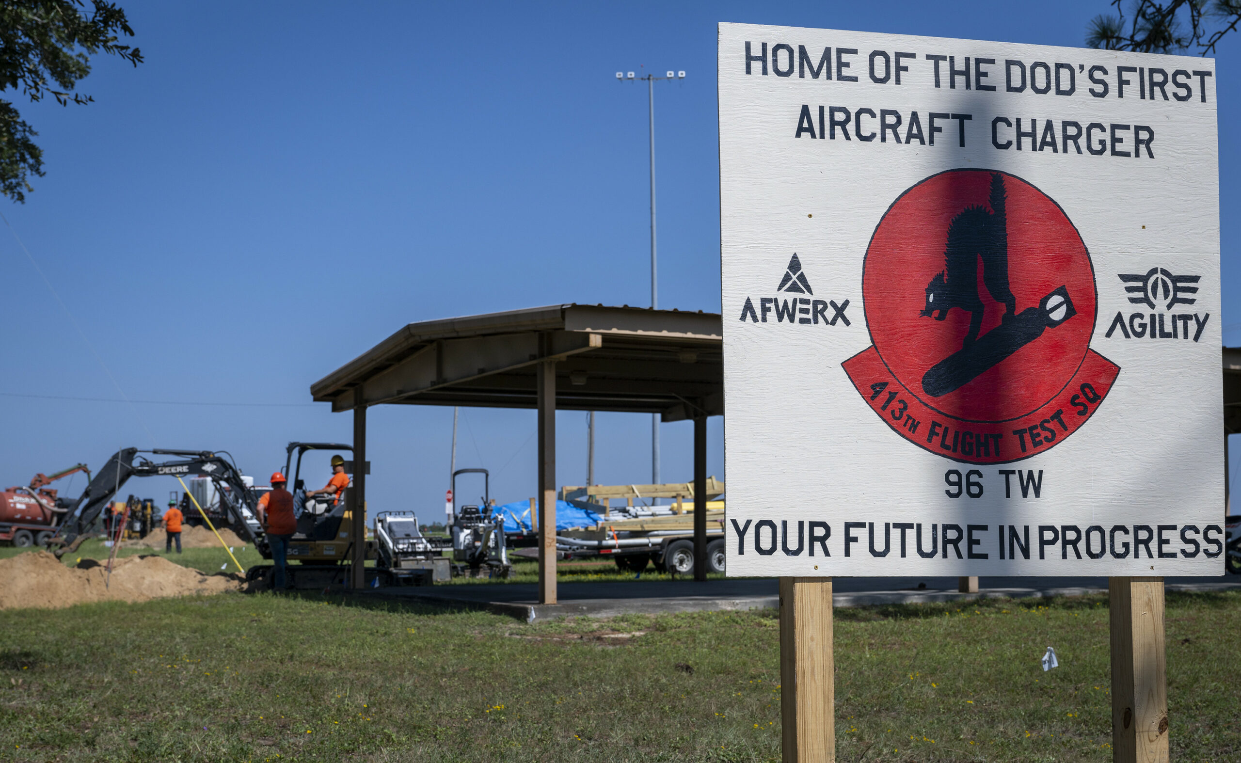 Construction begins on DOD’s first ever electric aircraft charging station Sept. 19 at Eglin Air Force Base, Florida. (U.S. Air Force photo/Samuel King Jr.)