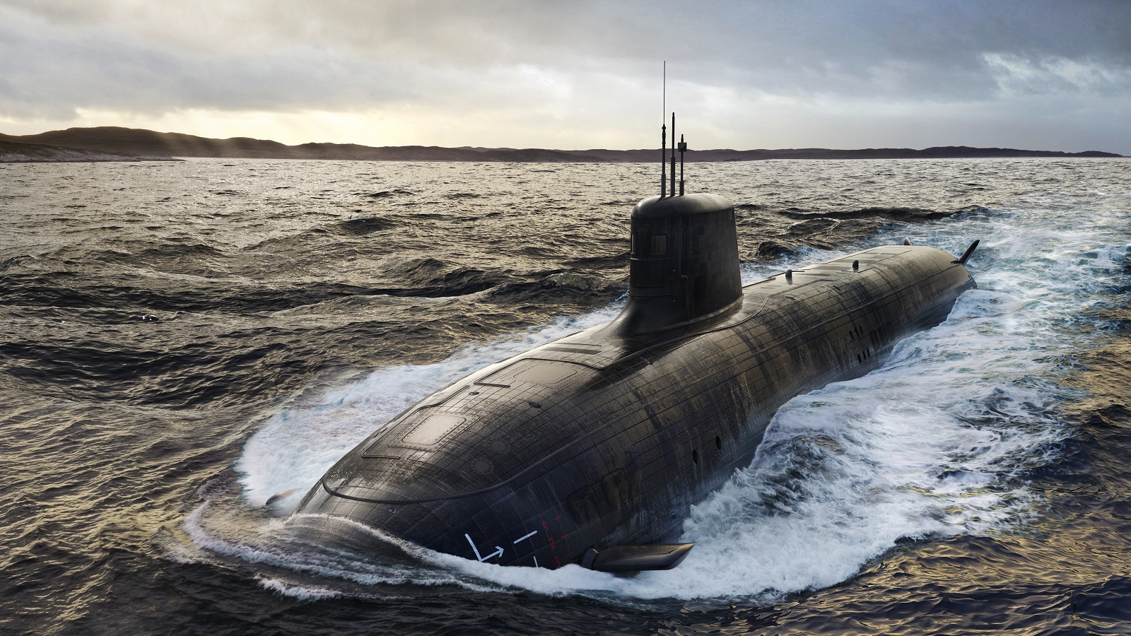 An Australian submarine surfaces from the waters in the foreground. Land is seen peeking in the far background, with the whole scene illuminated by sunlight peering out of the clouds above.