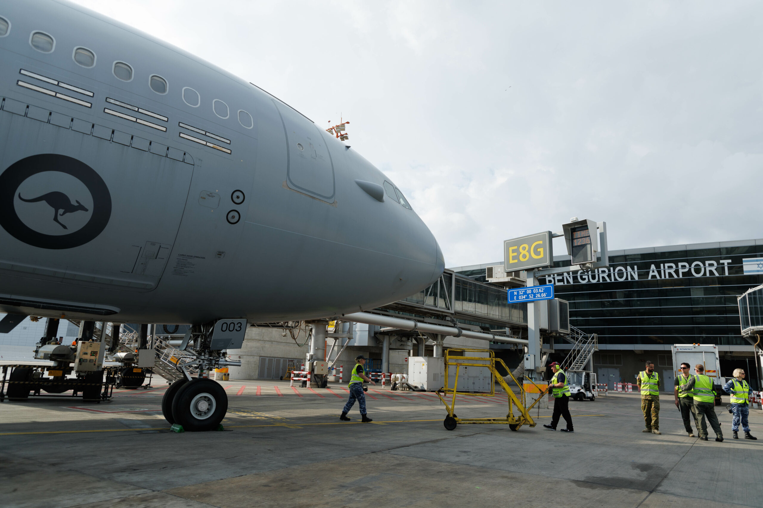 A Royal Australian Air Force KC-30A and crew arrive at Ben Gurion Airport, Tel Aviv, to conduct an assisted-departure flight from Israel to Dubai on 16 October 2023 as a part of Operation BEECH. *** Local Caption *** In October 2023, Defence deployed a Royal Australian Air Force KC-30A and a C-17A Globemaster III aircraft under Operation BEECH. Operation BEECH is Defence's support to the Department of Foreign Affairs and Trade-led assisted-departure flights being undertaken as a result of the Hamas-Israel conflict.The Australian Defence Force aircraft will assist Australian citizens and their families, and other approved foreign nationals, to depart from Ben Gurion Airport in Tel Aviv to Dubai.