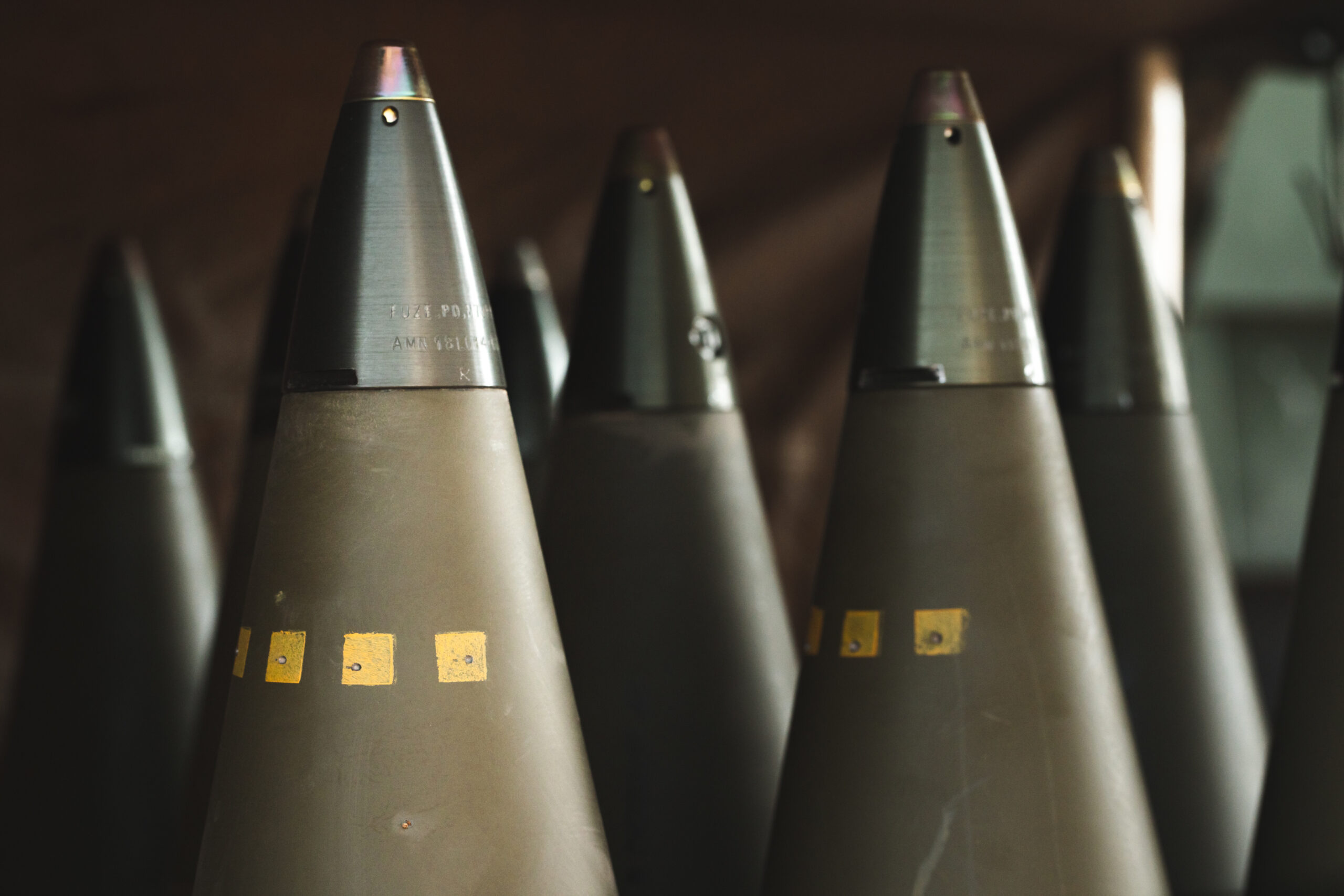 M795 155mm projectiles are prepared to be fired during Integrated Training Exercise (ITX) 2-20 at Marine Corps Air Ground Combat Center, Twentynine Palms, Calif., Jan. 18, 2020. The purpose of ITX is to create a challenging, realistic training environment that produces combat-ready forces and to prepare units for their role in the Marine Air Ground Task Force Warfighting Exercise. (U.S. Marine Corps photo by Lance Cpl. Colton Brownlee)