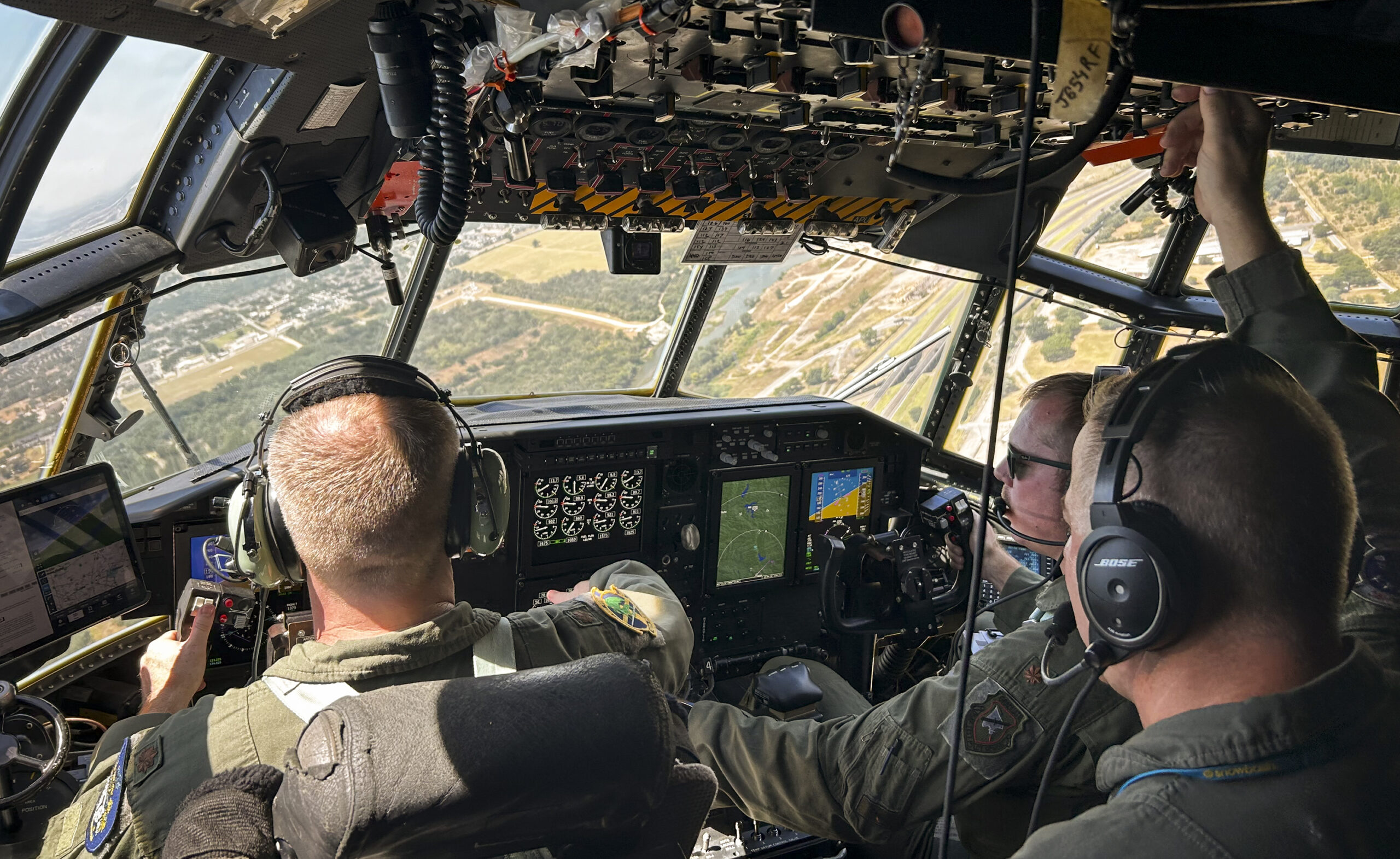 Aircrew test out the C-130H’s all new digital displays for the first time Aug. 2 on a flight to Eglin Air Force Base, Fla. The major upgrade, called Avionics Modernization Program Increment 2, is a significant improvement to the almost 60-year-old aircraft’s avionics and navigation systems. (Courtesy photo)