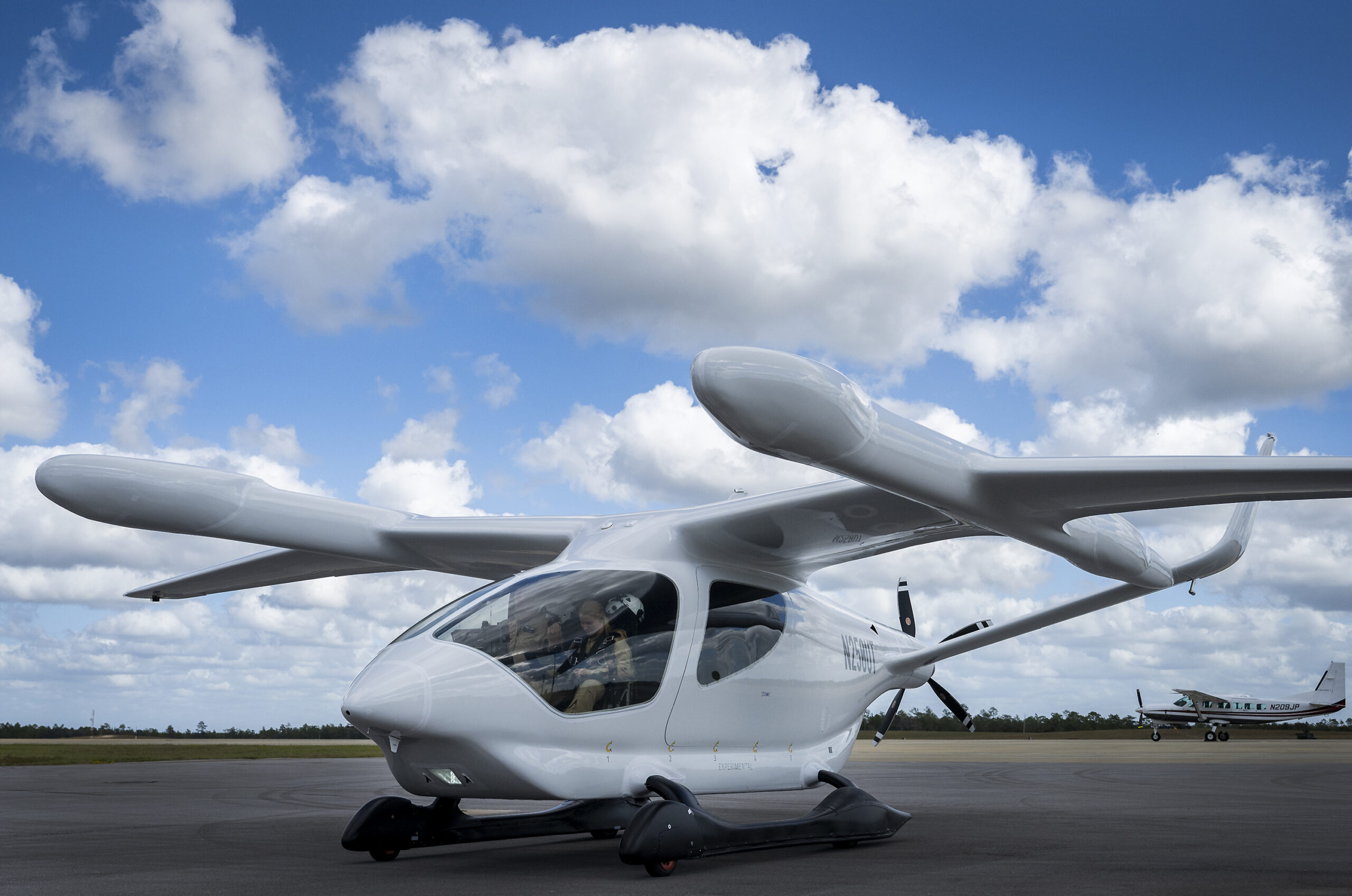 BETA Technologies’ ALIA, an electric vertical takeoff and landing aircraft, sits on the flightline after arriving at Eglin Air Force Base, Florida, Oct. 26, 2023. The aircraft will begin a series of test flights over the next few months with the 413th Flight Test Squadron and AFWERX’s Agility Prime at Duke Field. (U.S. Air Force photo by Samuel King Jr.)