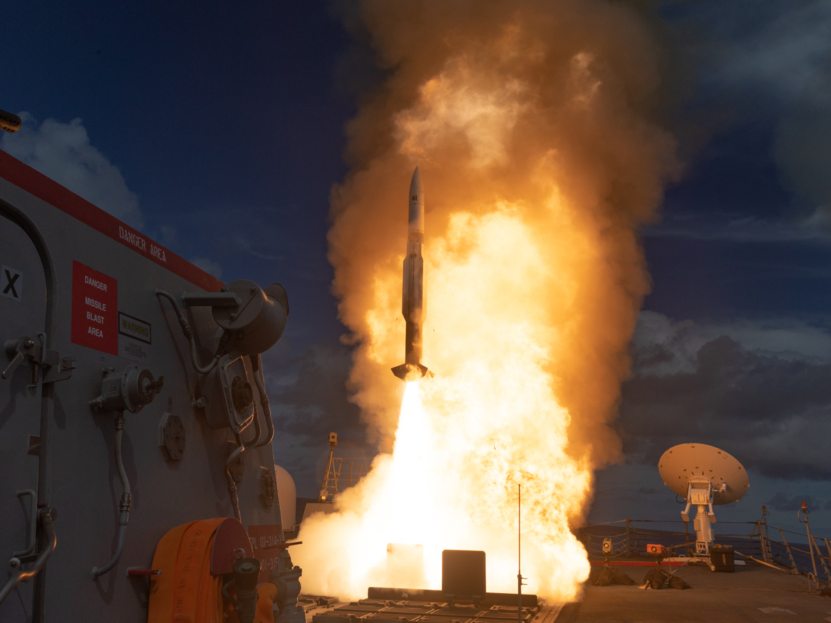 A Standard Missile-2 Block IIIA (SM-2 Blk IIIA) interceptor is launched from the USS CARL M. LEVIN (DDG 120) off the coast of Pacific Missile Range Facility in Kauai, Hawaii, as part of Vigilant Wyvern/Flight Test Aegis Weapon System-48, a joint test of the U.S. Navy Program Executive Officer Integrated Warfare Systems and the Missile Defense Agency conducted October 25, 2023.