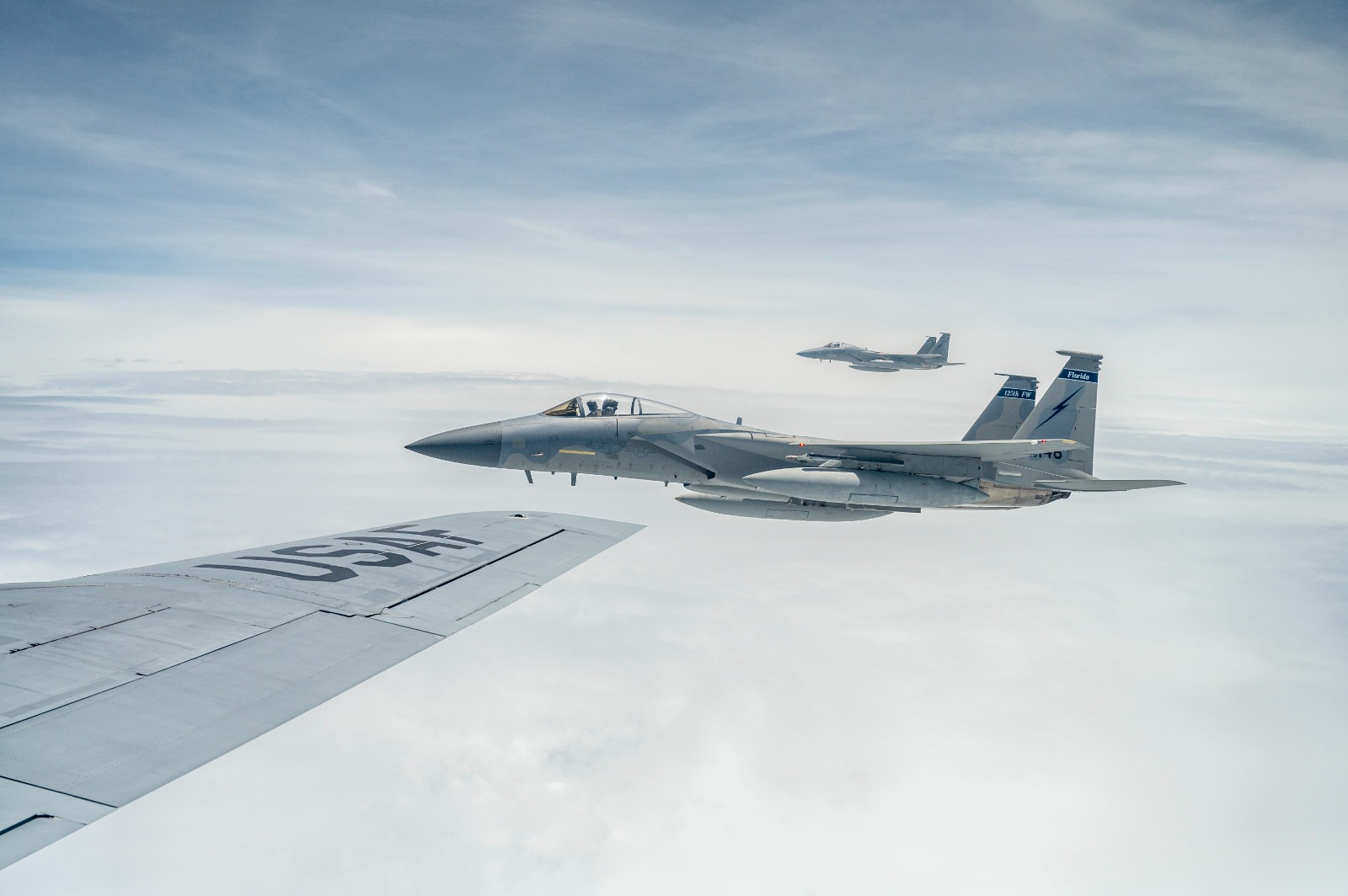 An F-15 from the Florida Air National Guard’s 125th Fighter Wing takes on fuel mid-air during exercise Relámpago VIII in Colombia, 2023