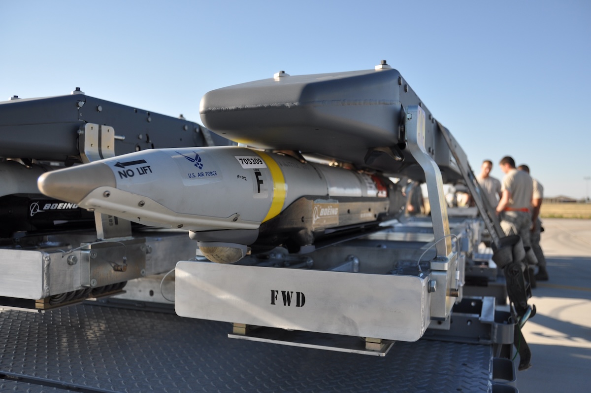 GBU-39 smart bombs prepared to be loaded on to an F-22.