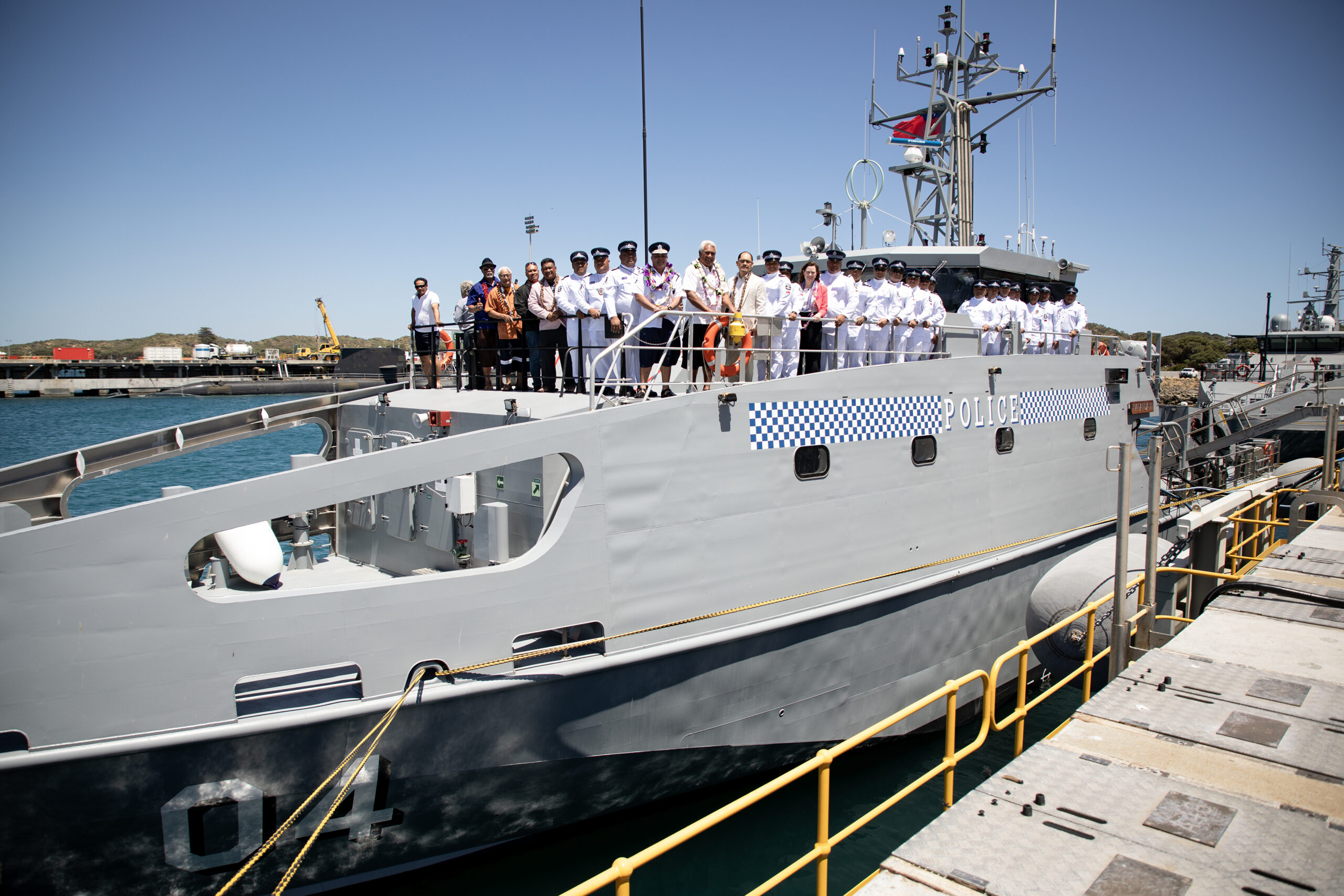 Samoa Police Service members and VIP guests on the new Samoa Police Boat Nafanua III during the eighteenth Guardian-Class Patrol Boat handover by the Australian Government to the Government of Samoa at HMAS Stirling, Western Australia. *** Local Caption *** The eighteenth Guardian-class Patrol Boat (GPB) delivered under the Pacific Maritime Security Program was handed over by the Australian Government to Samoa during a ceremony held in HMAS Stirling, Western Australia on Monday 20 November 2023. Acceptance of the new SPB Nafanua III was recognised by the Government of Samoa at this ceremony.