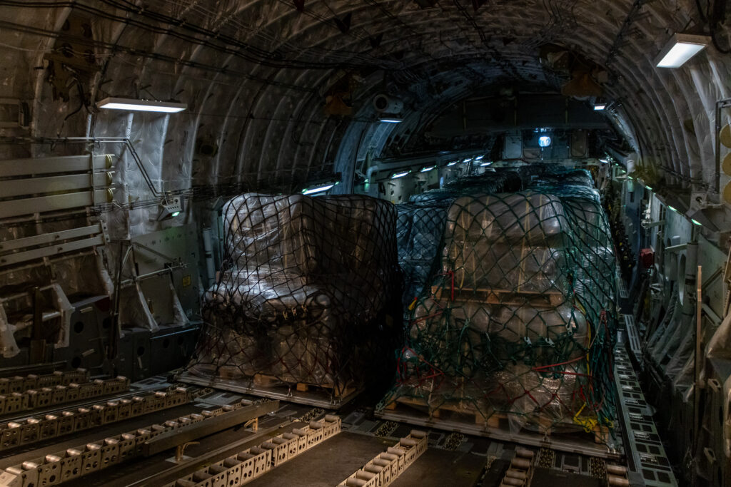 A Royal Air Force C-17 Globemaster arrived in Egypt on the 23rd of November 2023 to deliver UK Aid. The fourth UK aircraft carrying humanitarian aid landed in Al Arish, Egypt, for onward transfer to Gaza. The RAF flight carried 23 tonnes of humanitarian aid, including 4,500 blankets and 4,500 sleeping mats for distribution by the United Nations Relief and Works Agency (UNRWA). Defence Secretary Grant Shapps said: The RAF continues to deliver on the UKs commitment to helping those in need by operating flights into the region to provide urgent humanitarian support which will save civilian lives. The UK is driving international efforts to support the humanitarian response in Gaza, working closely alongside partners and allies to de-escalate the situation.