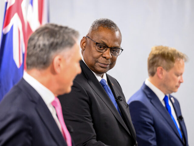 US Defense Secretary Lloyd Austin participates in a joint press conference during the AUKUS Defense Ministerial Meeting with Australian Defense Minister Richard Marles and British Defense Secretary Grant Shapps, in Mountain View, California