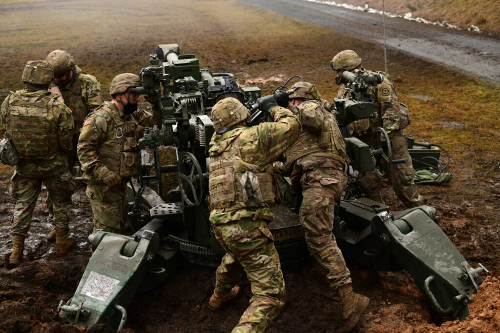 U.S. Soldiers assigned to Cobra Battery, Field Artillery Squadron, 2nd Cavalry Regiment, conduct a direct fire exercise with M777 Howitzers, Grafenwoehr Training Area in Bavaria, Germany, Feb. 04 2021. (U.S. Army photo by Kevin Sterling Payne)