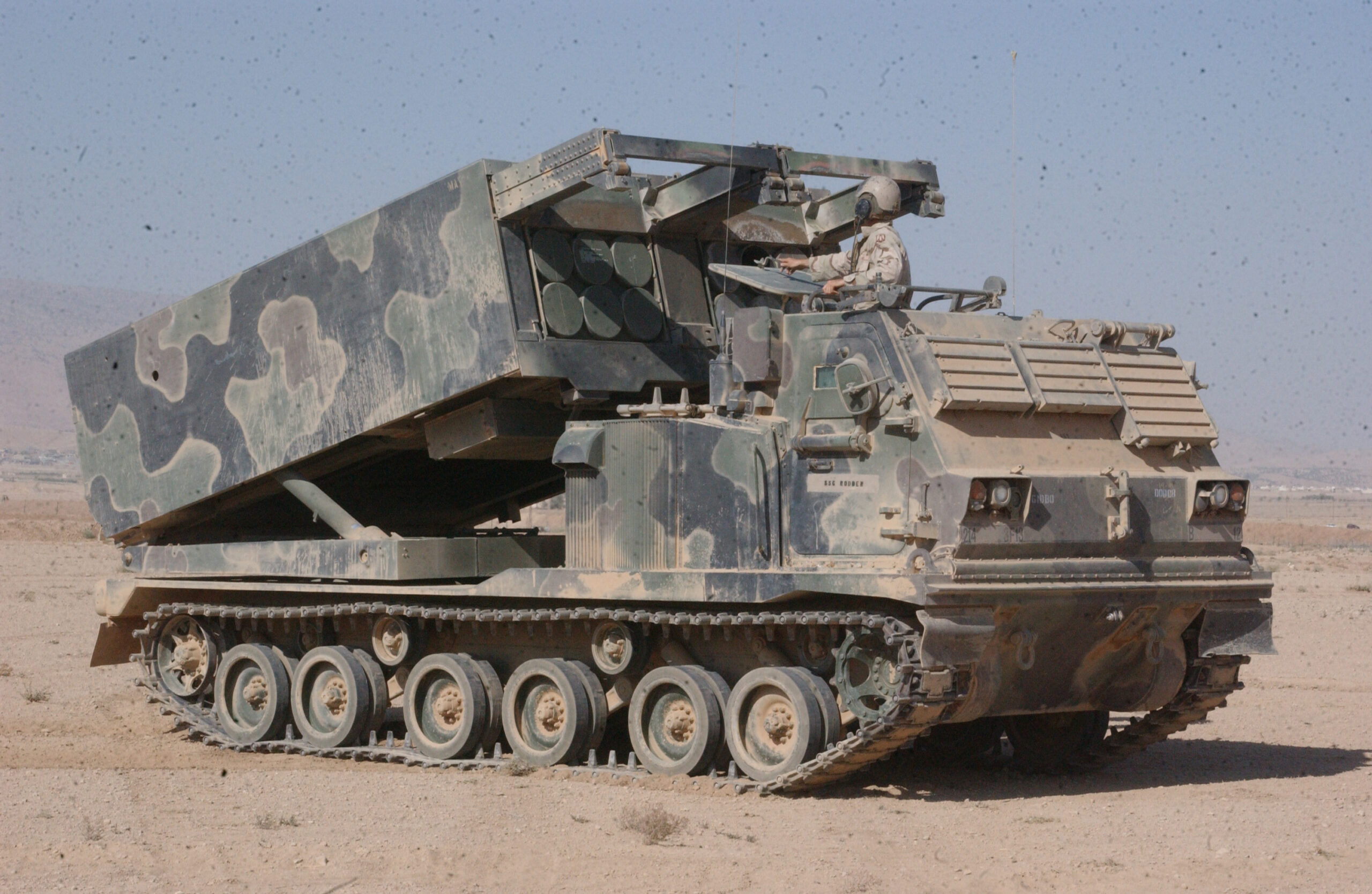 A Launcher equiped with the new GMLRS prepares to fire near the Sinjar Mountains.