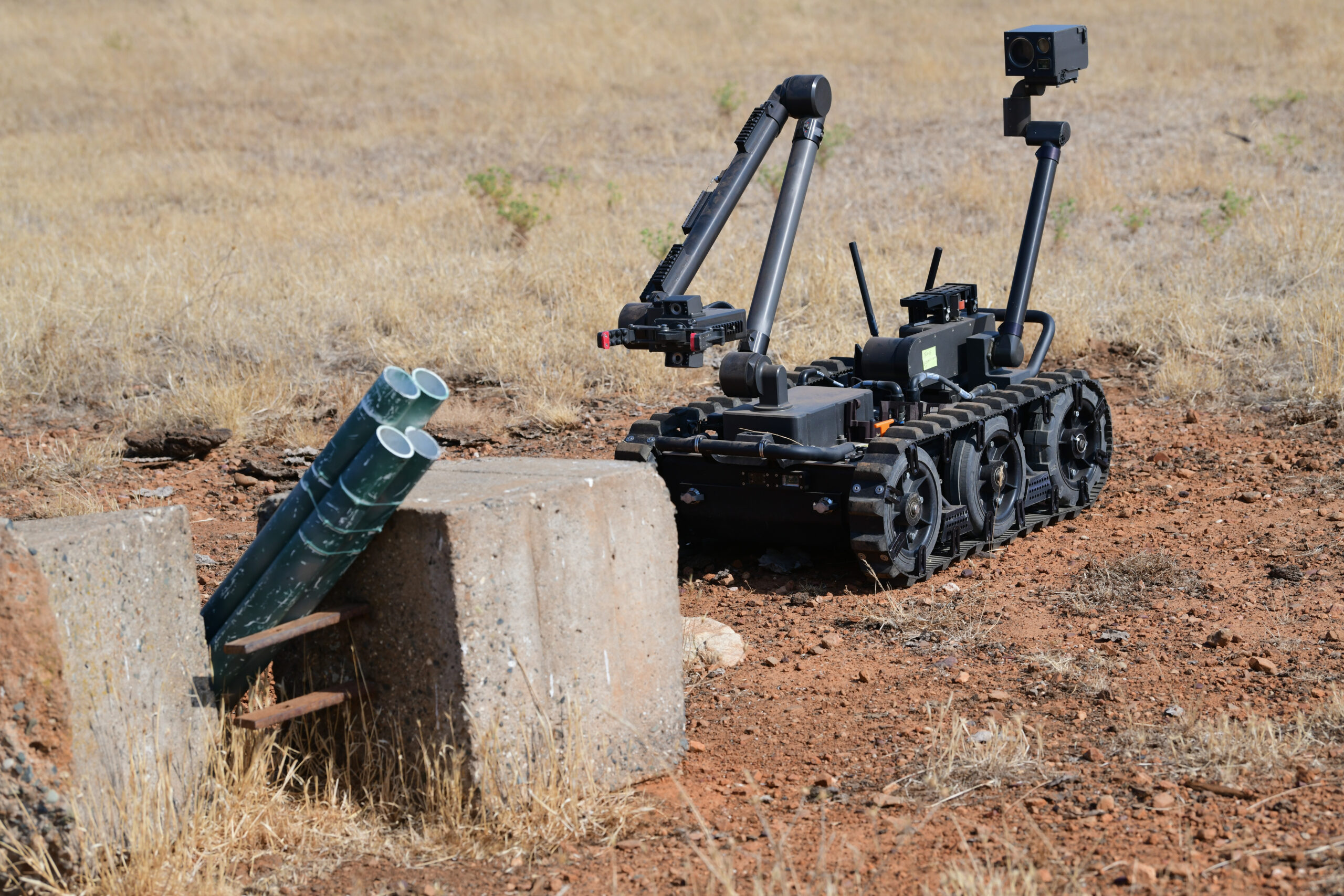 A Man Transportable Robotics system is used to assess an improvised rocket during Exercise GOLDEN CRAB on Beale Air Force Base, California, Sept. 20, 2023. An explosive ordnance disposal team was sent out to respond to a long range threat and used the robotics system to assess the situation from a safe distance. (U.S. Air Force photo by Senior Airman Alexis Pentzer)