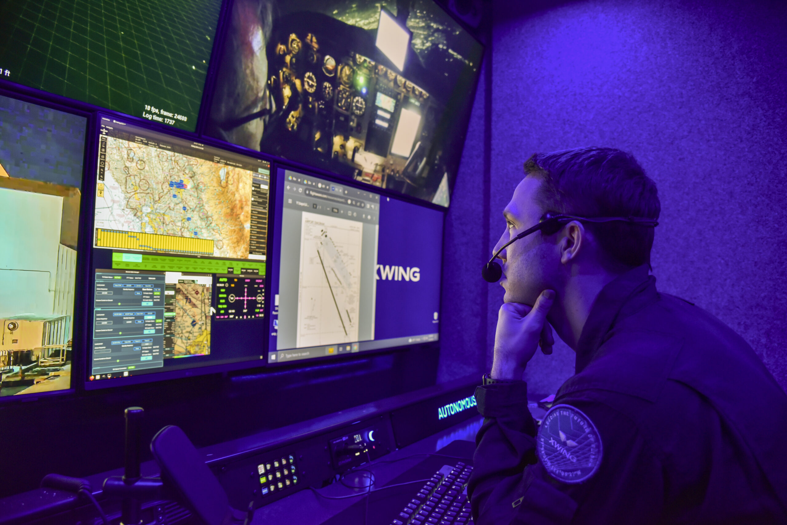 Craig Milliard, Xwing flight test manager, monitors an autonomous flight from the Xwing ground control station at McClellan Airfield in Sacramento, California, Jan. 26, 2024. AFWERX, the innovation arm of the Department of the Air Force, has awarded Xwing two Small Business Innovation Research contracts, a Phase Two in March 2023 to conduct autonomous flight trials and optimize the technology for future missions and a Phase Three in December 2023 to demonstrate the capability in an operationally relevant environment. Xwing's autonomous flight technology allows its aircraft to taxi, takeoff, fly to a destination, avoid airborne and ground threats, and land, without any human input. (U.S. Air Force photo by Matthew Clouse)