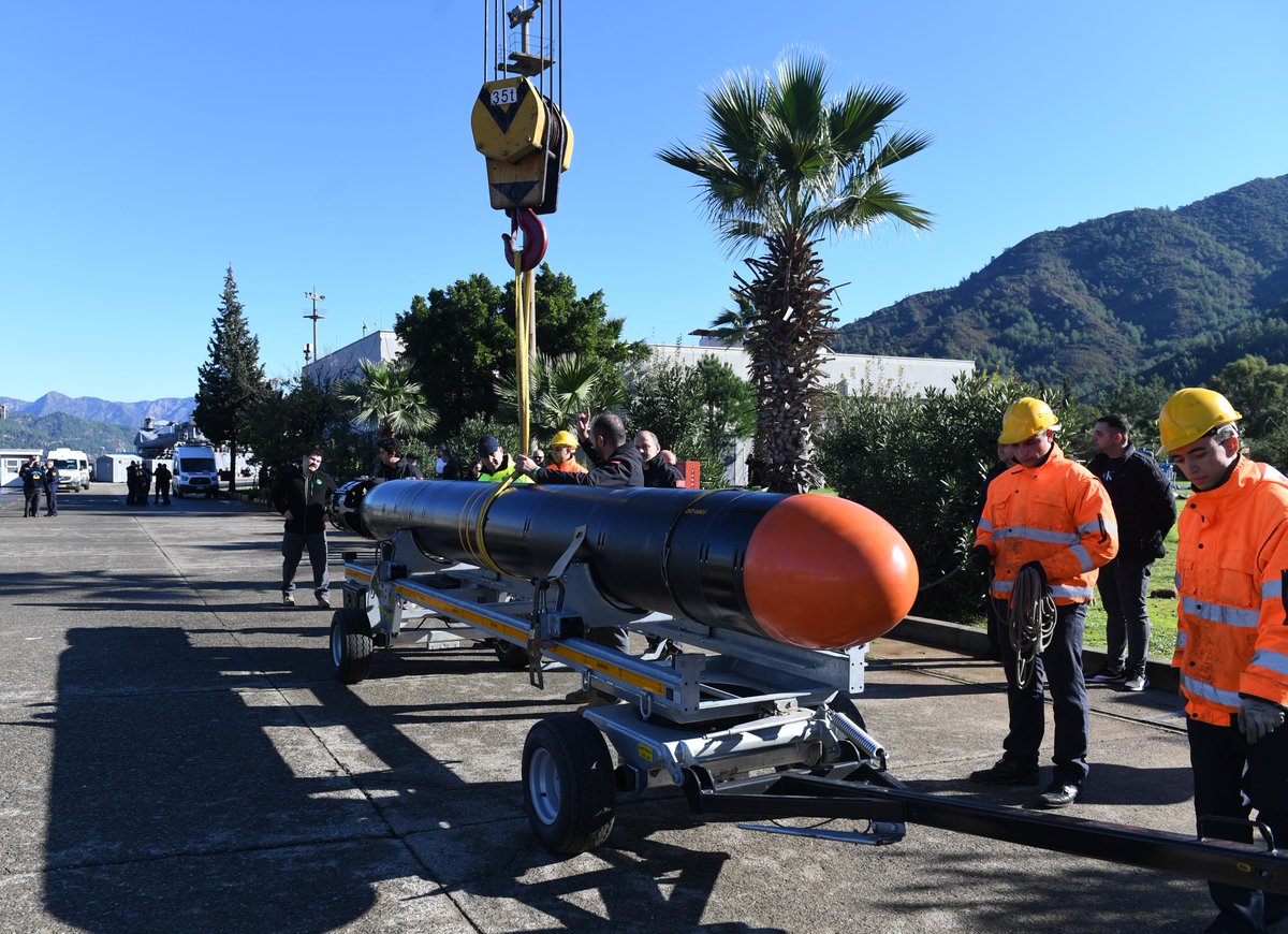 The AKYA torpedo is seen being placed on a wheeled cart. It is tied in the middle with a thick yellow rope, which is used by a crane's hook to place it gently on the cart. Around 17 people are seen scattered in the image, monitoring the weapon's movement. Four of them are wearing high-visibility jackets and hard hats. The area appears to be a military compound with lots of trees planted in the lot. The background is a green mountainous landscape. The sky is a clear and cool blue.