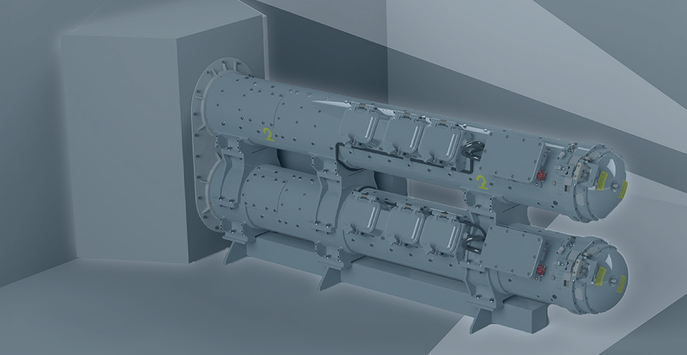 An artist's 3d rendering of a SEA Torpedo Launch System. The gray equipment appears to be two metallic containers shaped like long canisters. They appear to be covered in rivets and small mechanisms.