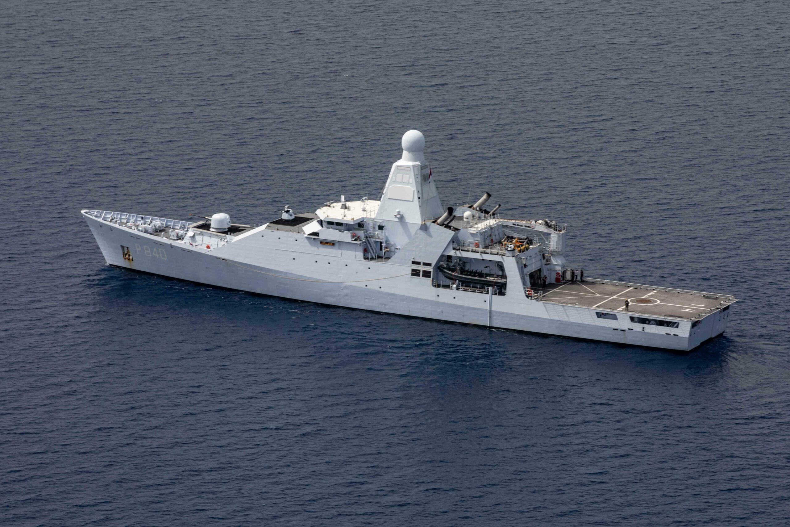 210830-N-PC065-3195CARIBBEAN SEA (Aug. 30, 2021) The Holland-class offshore patrol vessel HNLMS Holland (P840) sails near the San Antonio-class amphibious transport dock ship USS Arlington (LPD 24) in the Caribbean Sea in support of a U.S. Agency for International Development (USAID) humanitarian mission, Aug. 30, 2021. Arlington is deployed to U.S. Naval Forces Southern Command/U.S. 4th Fleet to support humanitarian assistance and disaster relief (HADR) efforts in Haiti following a 7.2-magnitude earthquake Aug. 14, 2021. (U.S. Navy photo by Mass Communication Specialist 2nd Class John Bellino/Released)