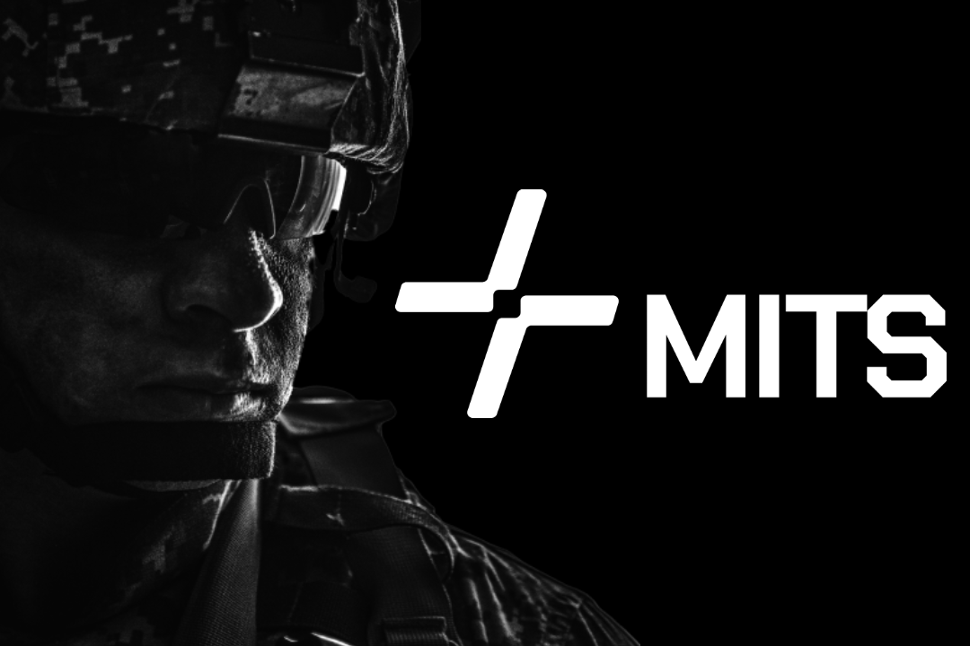 The white logo of the Military Innovation Technology Solutions (MITS) Program is seen in the center of the black and white image. The symbol is a stylized plus sign with its middle hollowed out, and the north and west-pointing arms split away from the east and south-pointing arms. 