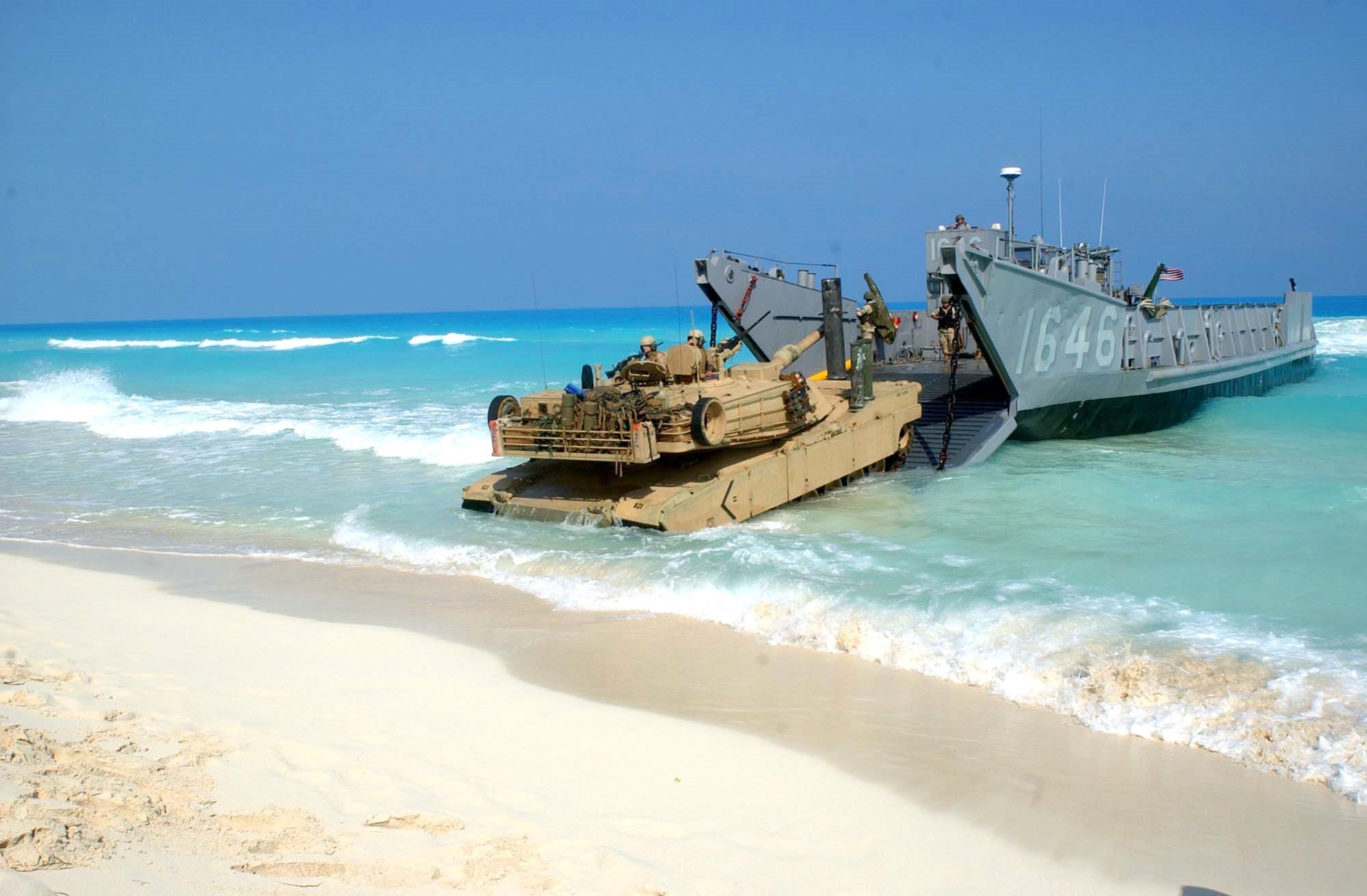 U.S. Marines from Expeditionary Strike Group One, 13th Marine Expeditionary Unit disembark a landing craft utility ship during the amphibious landing exercise at Bright Star '05. Bright Star is an eleven-nation biennial event that is being hosted by Egypt.
