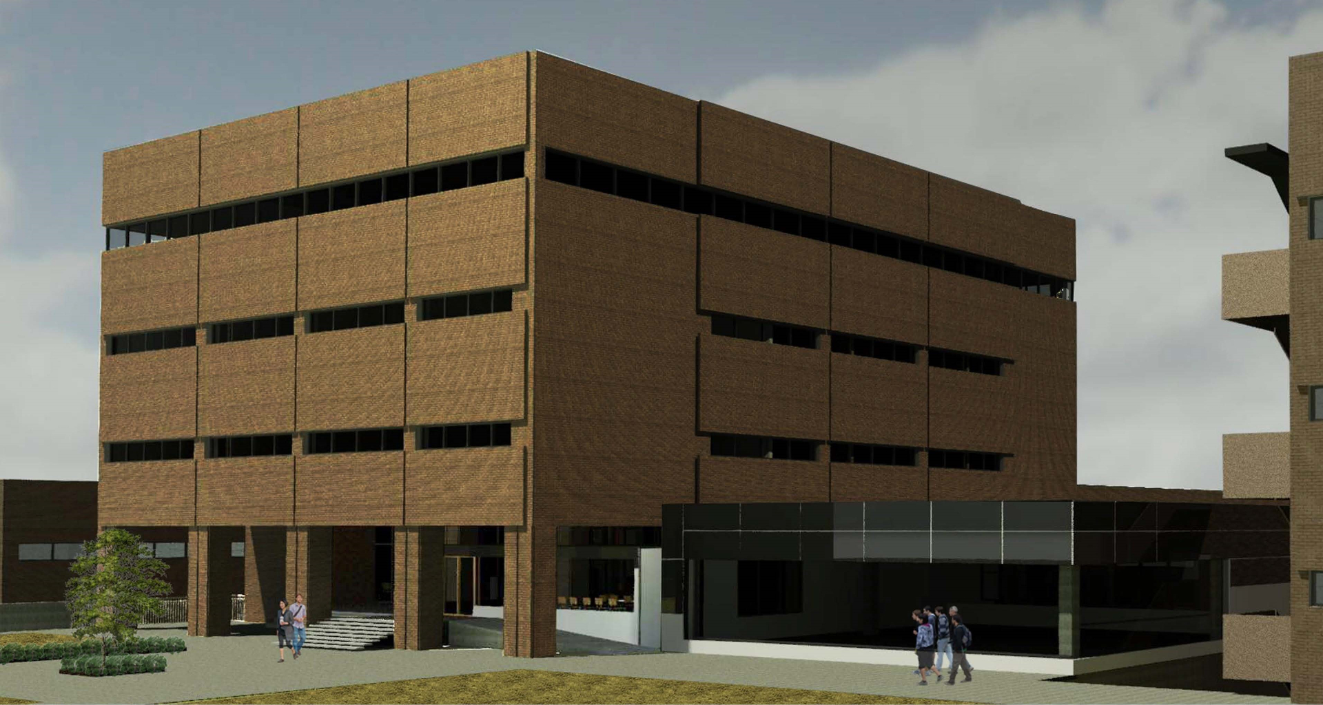 This rendering shows the location of the new AIMR-2C, or Artificial Intelligence and Machine Learning Research Center Capability Project, adjacent to the main entrance of building 653 at Wright-Patterson Air Force Base, Dayton, Ohio. The AIMR-2C will be a 6,000-square-foot lab space dedicated to interactive data visualization which was made possible by a $4 million Office of Secretary of Defense Centralized Laboratory Investment Program award. (U.S. Air Force illustration)