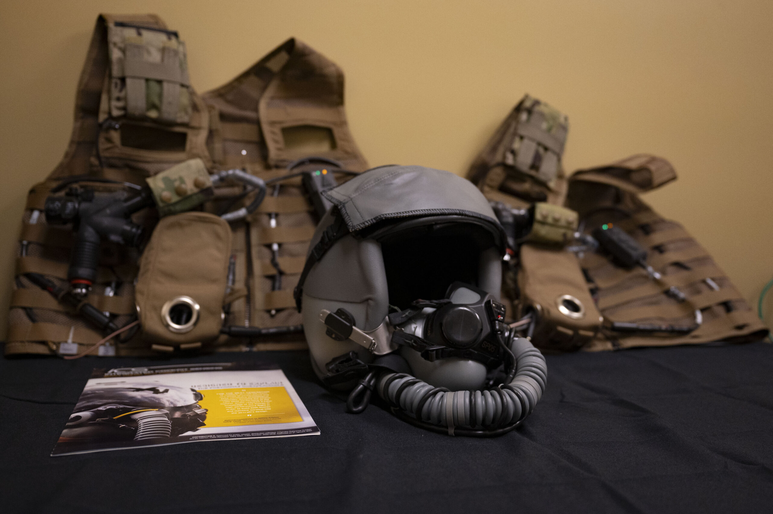 An Integrated Cockpit Sensing, or ICS, system with helmet-based, base layer and life-support sensors prepares for flight testing with the 422d Test and Evaluation Squadron at Nellis Air Force Base, Nevada, Jan. 30, 2024. An Air Force Research Laboratory team developed the ICS system to provide an airworthy platform for comprehensive physiological, life-support and environmental monitoring to improve pilot safety and performance. (U.S. Air Force photo / Senior Airman Megan Estrada)