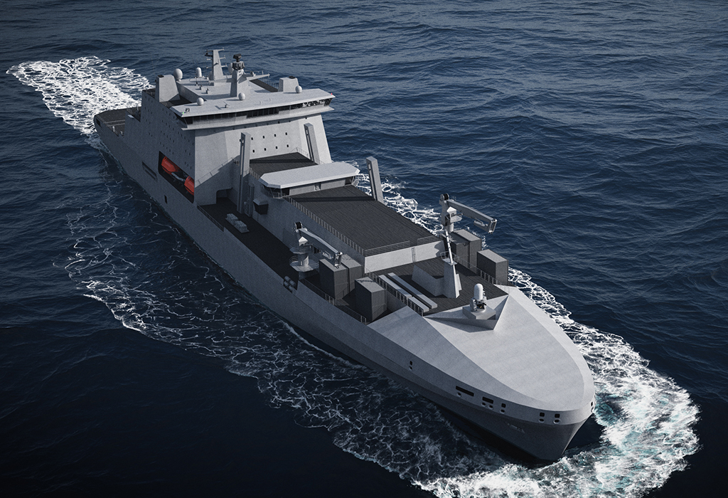 An artist's rendering of a Fleet Solid Support Ship. The gray ship is seen sailing in calm, deep blue waters.