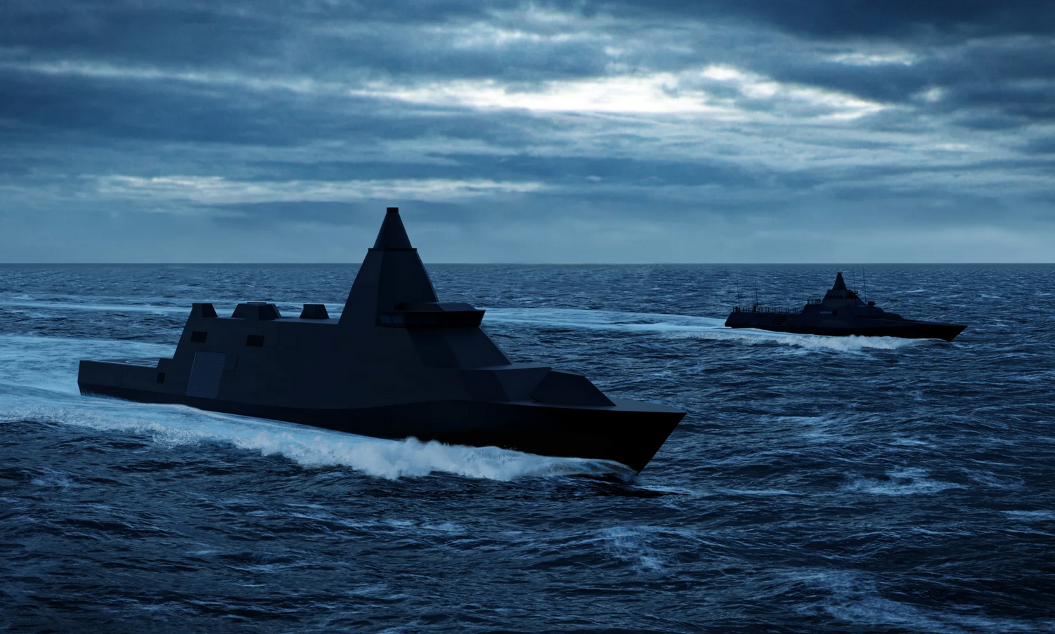 An artist's rendition of the Luleå-class vessel, sailing beside the smaller Visby corvette. The ships are moving in relatively calm but deep blue waters. The sky is extremely cloudy, covering most of the sun's light.