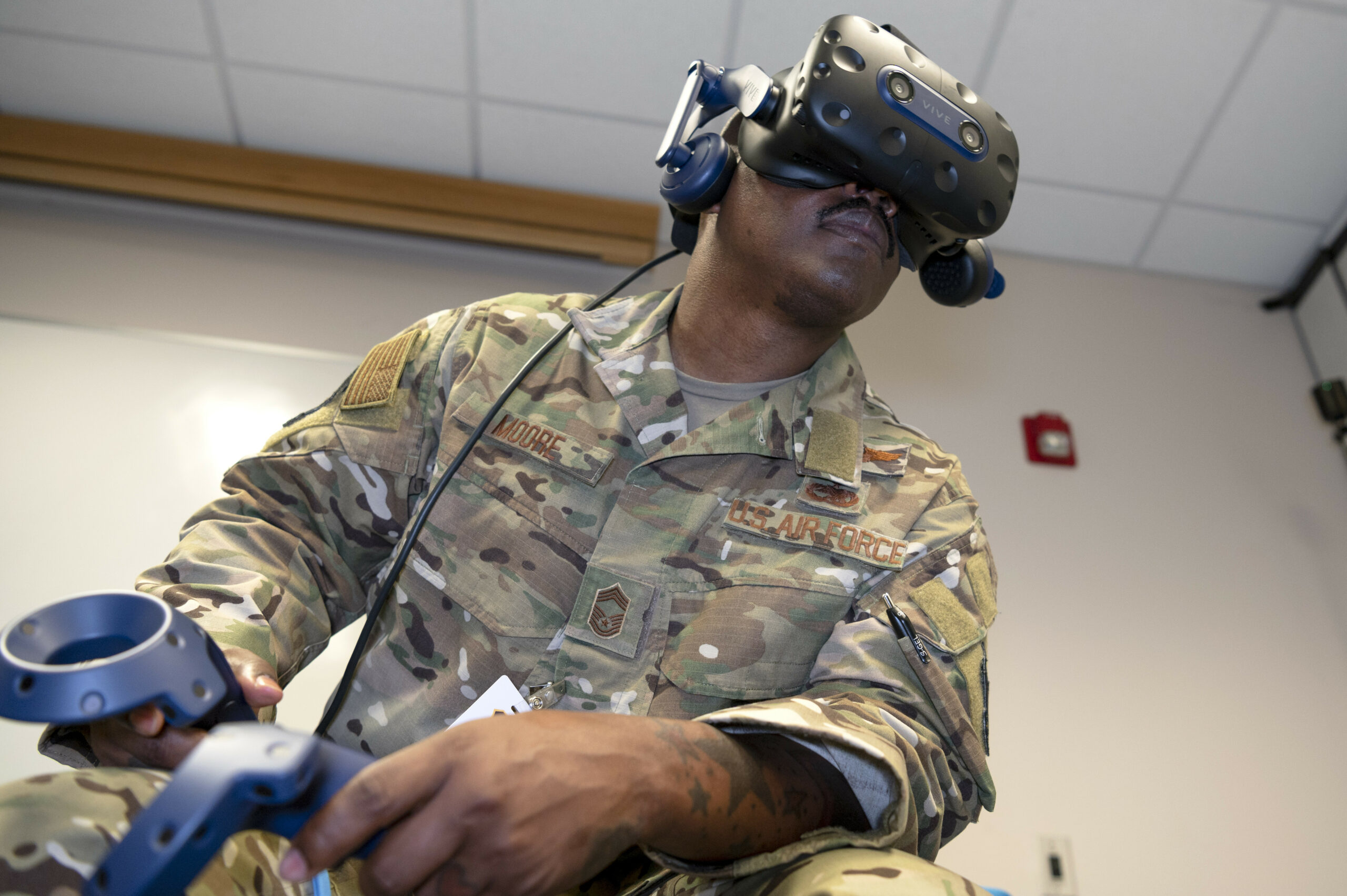 US Air Force member using virtual reality headset