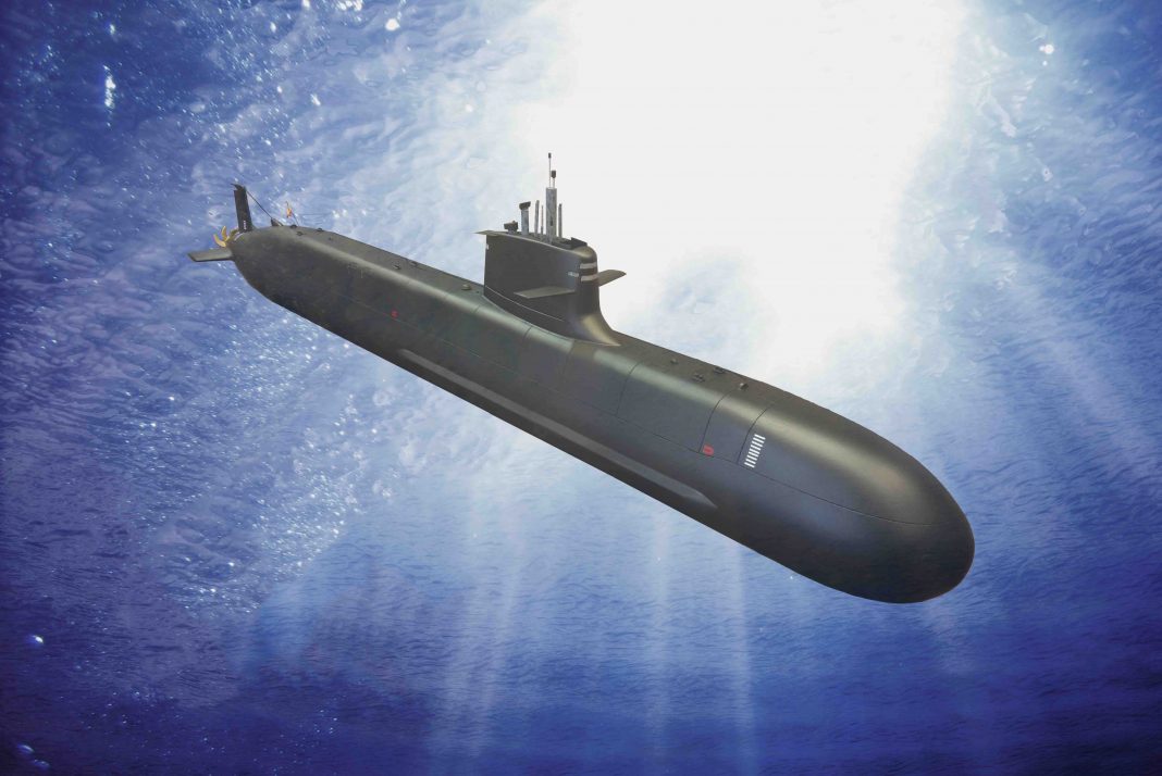 A computer-generated image of an S80 Plus-class submarine moving underwater. The submarine is painted black. The background is the blue water illuminated by white light from the surface.